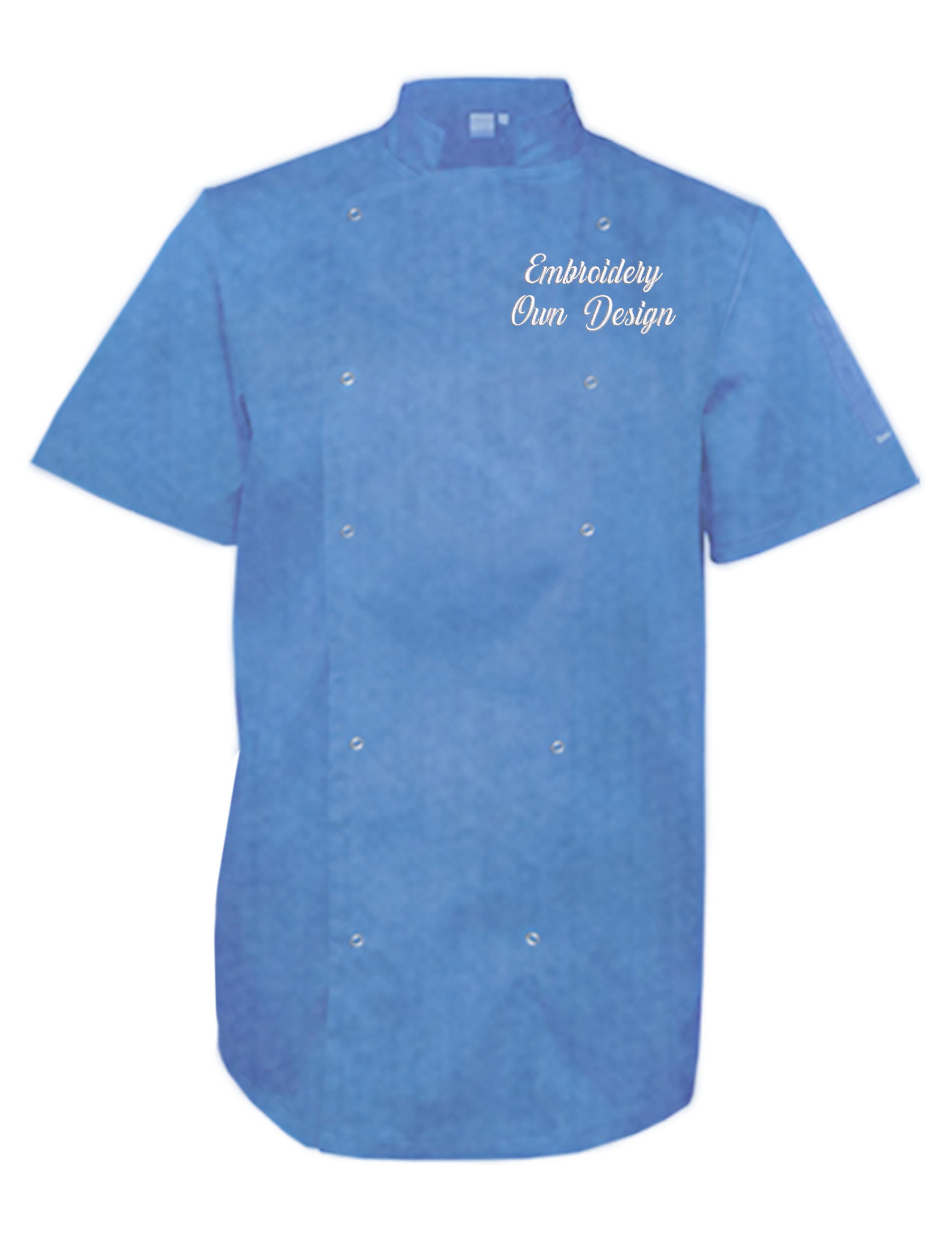 Personalised Plus Size Short Sleeve Chef's Jacket denim blue with embroidery