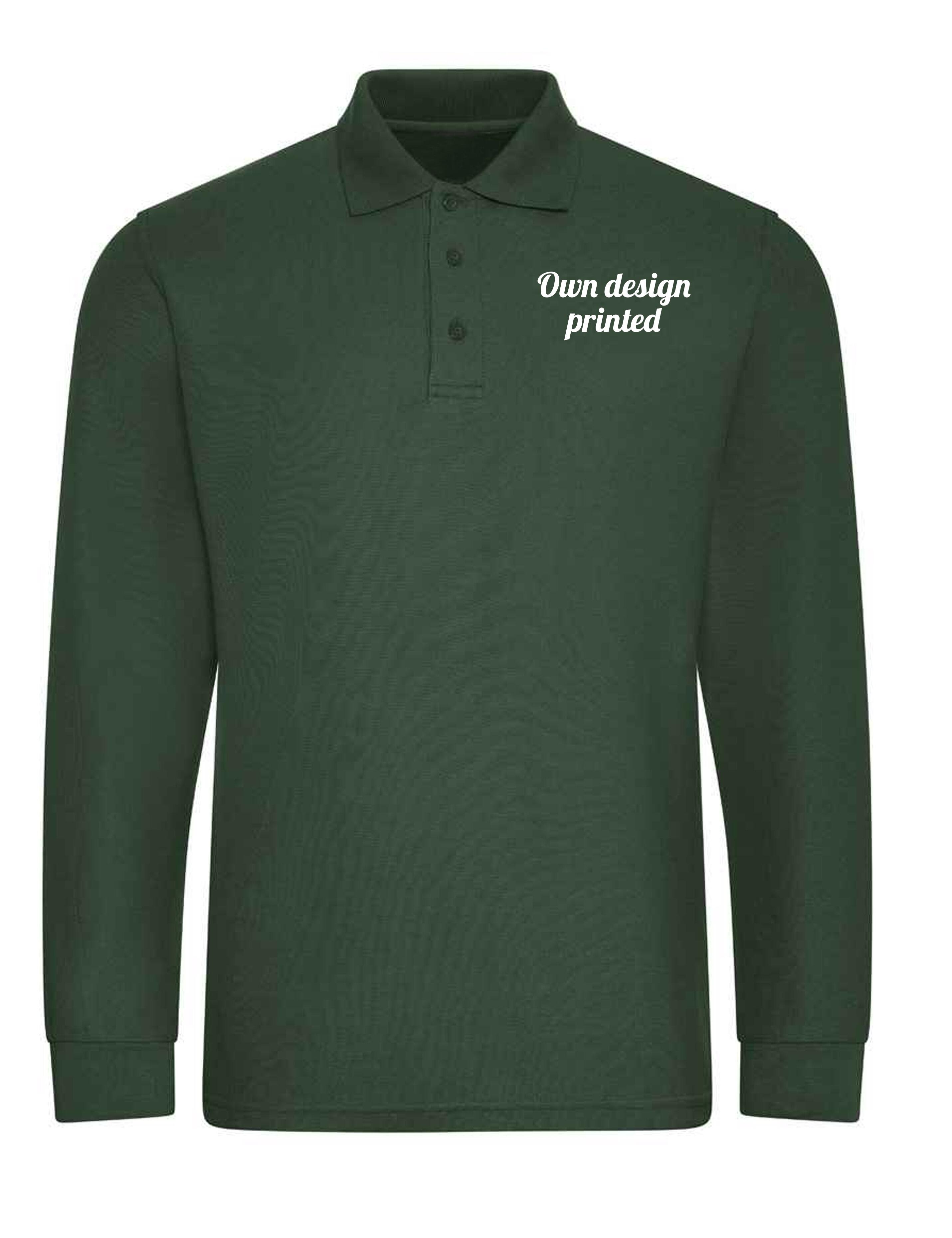 Personalised Long Sleeve Polo Shirt with print bottle green