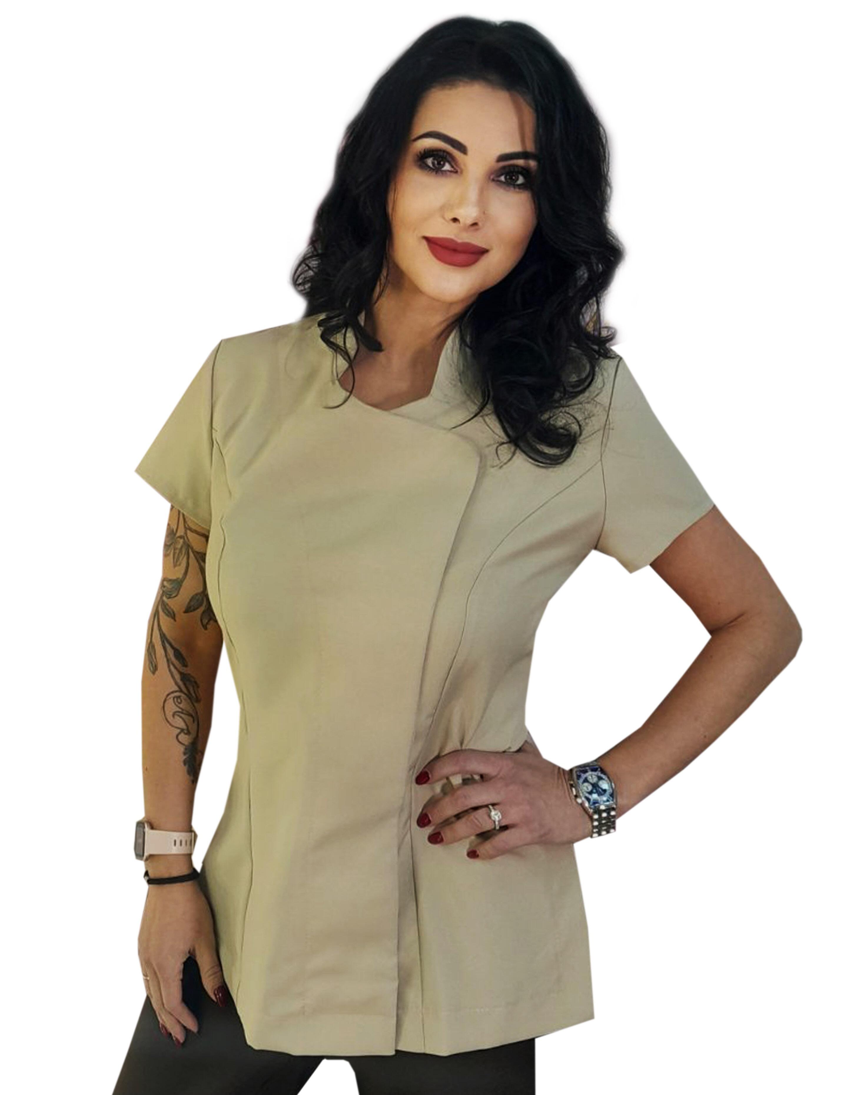 Custom Women's Short Sleeve Beauty Tunic with embroidery Beige