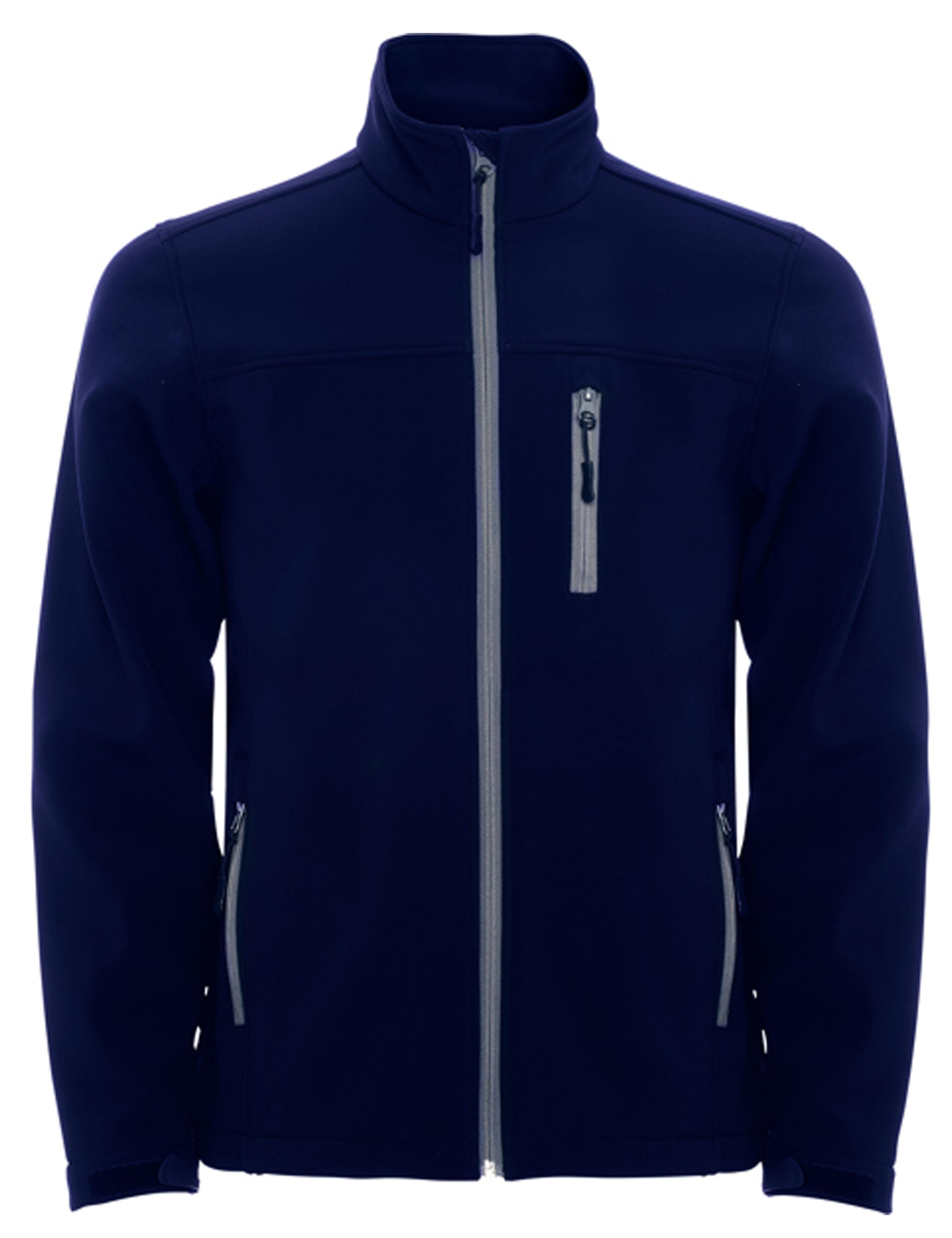 Navy softshell jacket made from durable fabric, ideal for custom branding