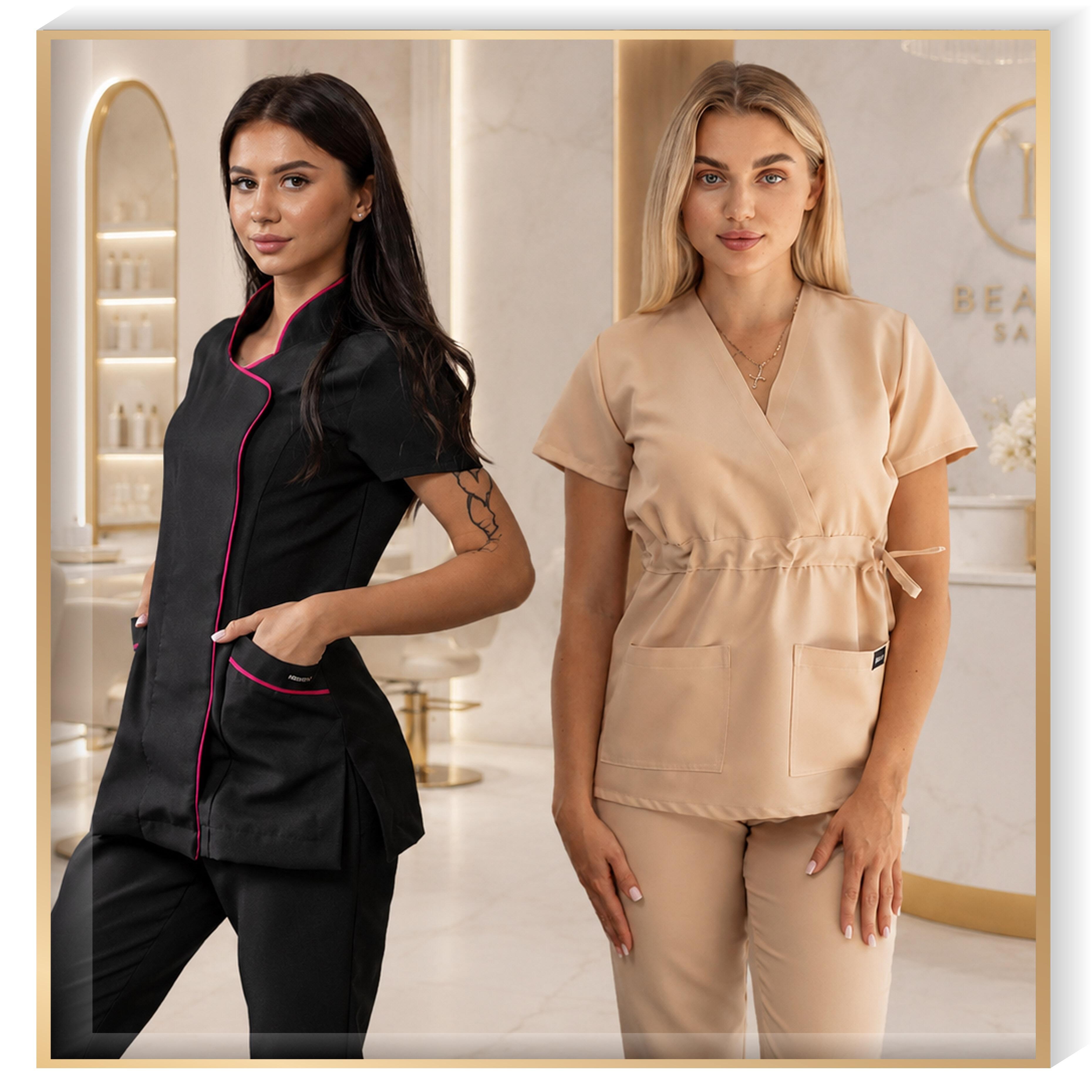 beauty salon uniforms UK professional tunics and trousers CustomBella