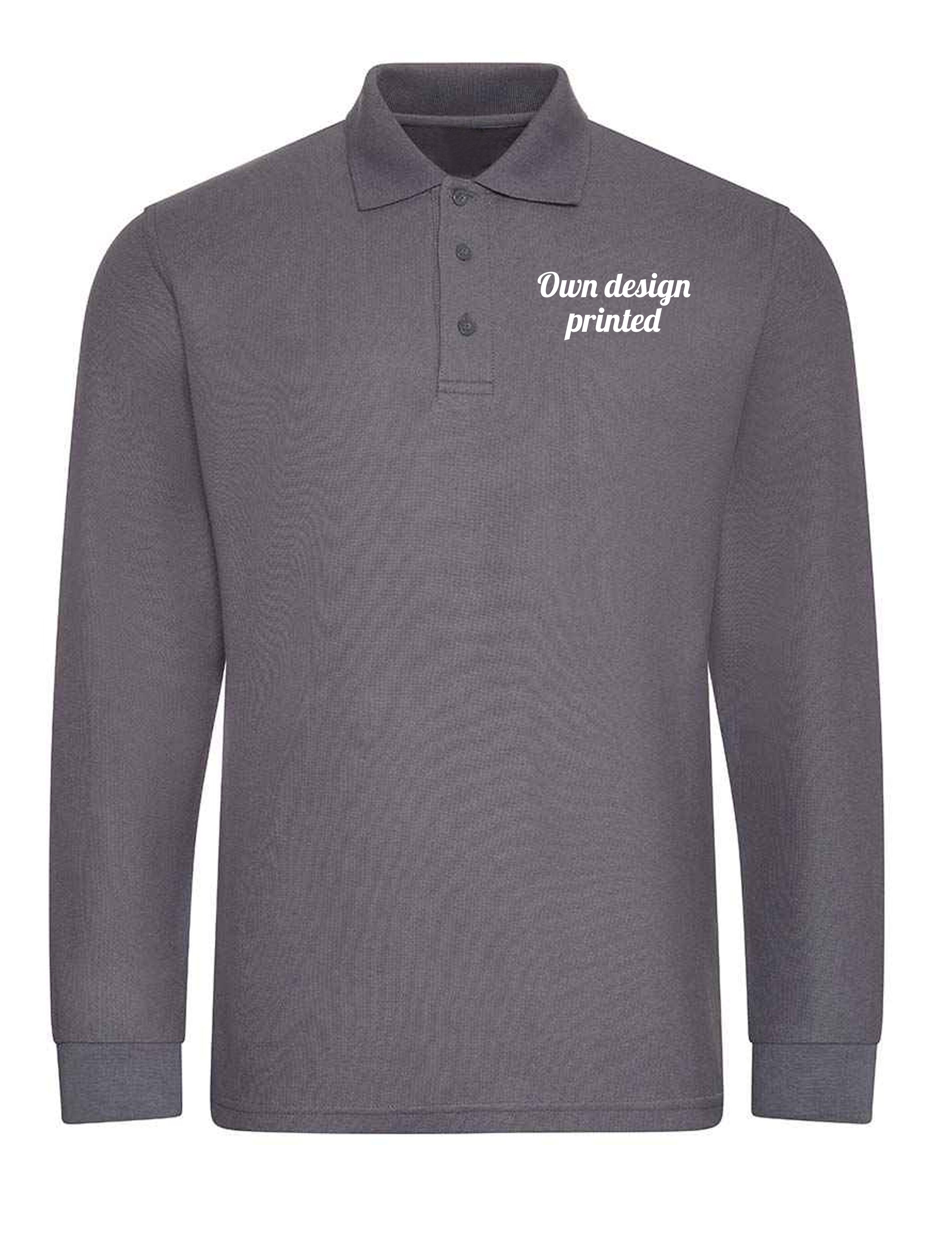 Personalised Long Sleeve Polo Shirt with print dark grey