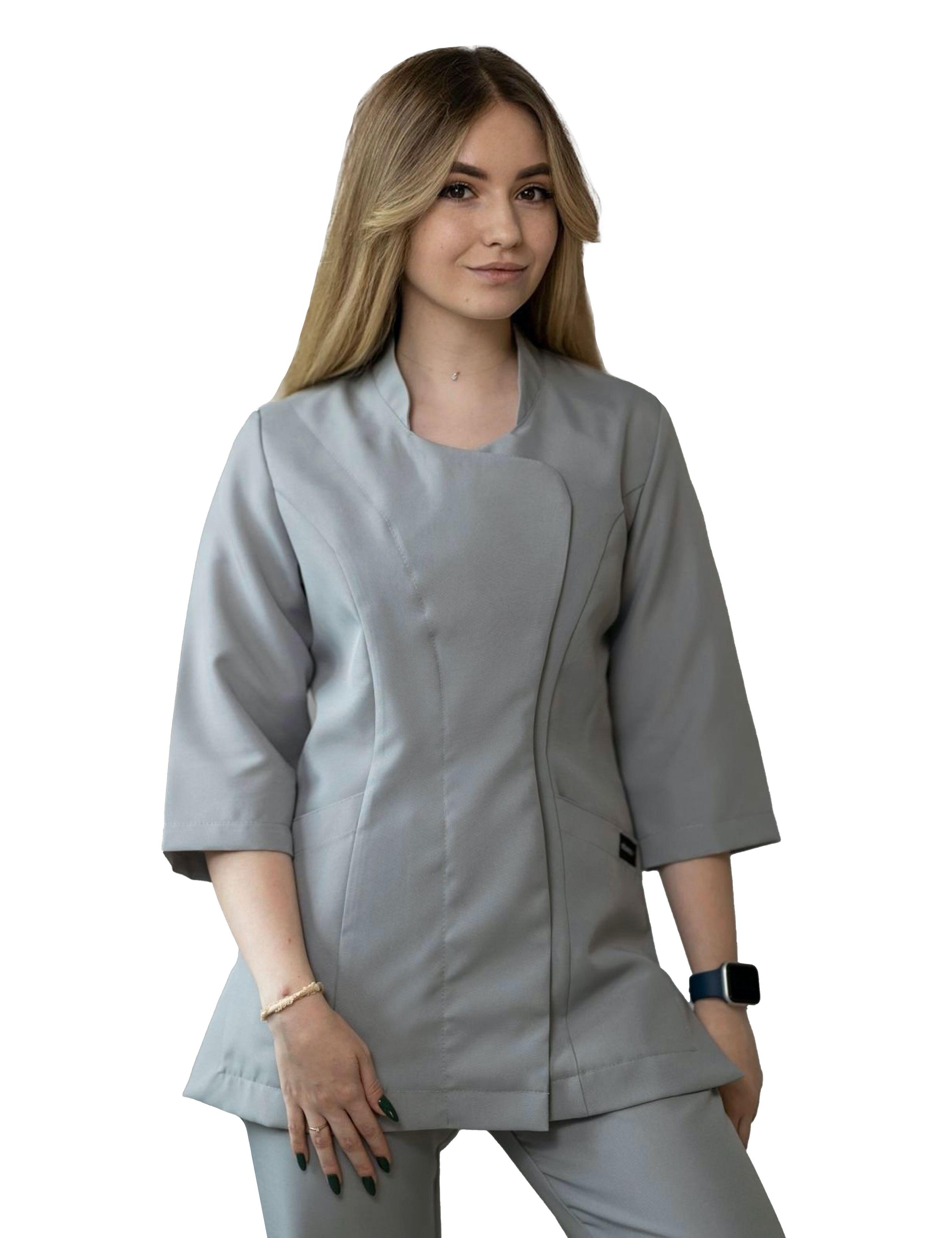 Women’s grey beauty tunic with quarter sleeves for salon professionals