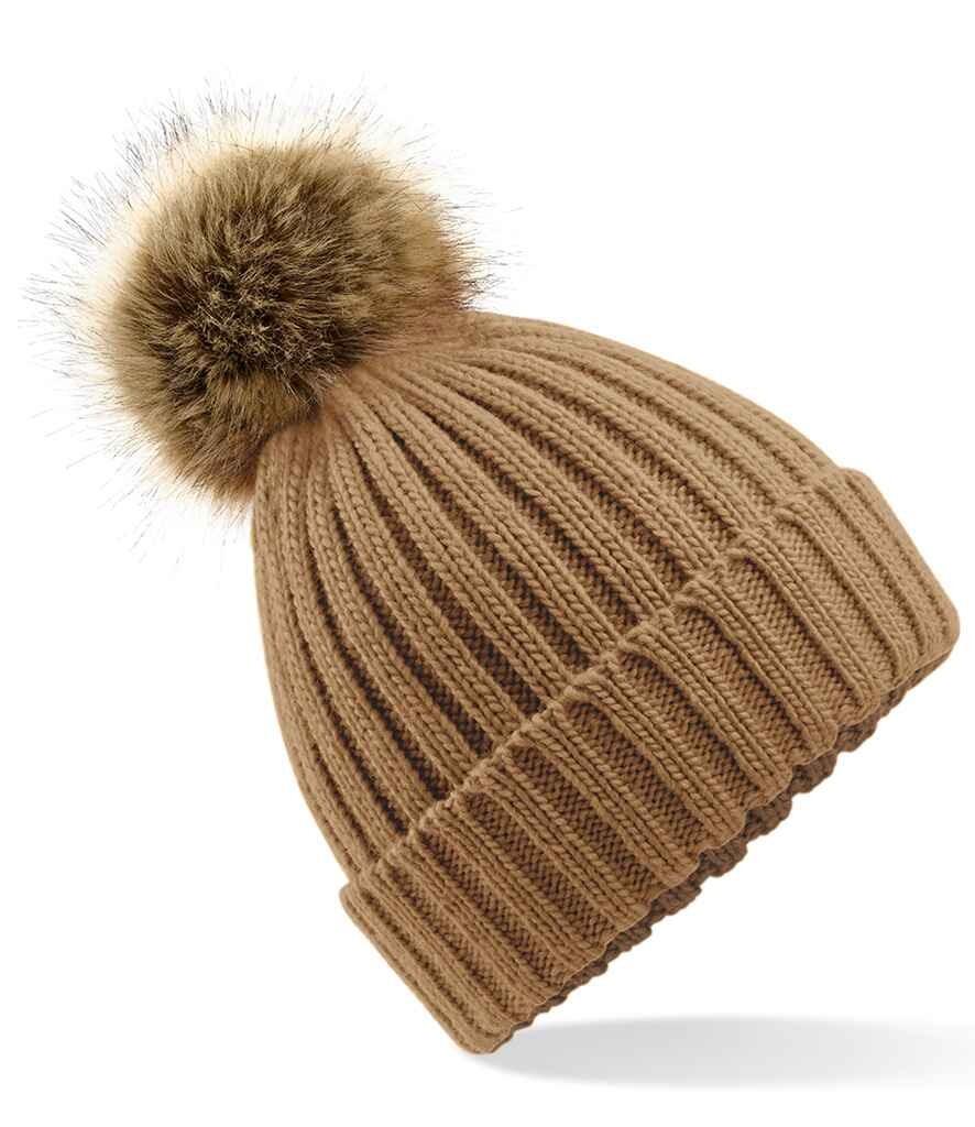 Faux Fur Pom Pom Beanie caramel