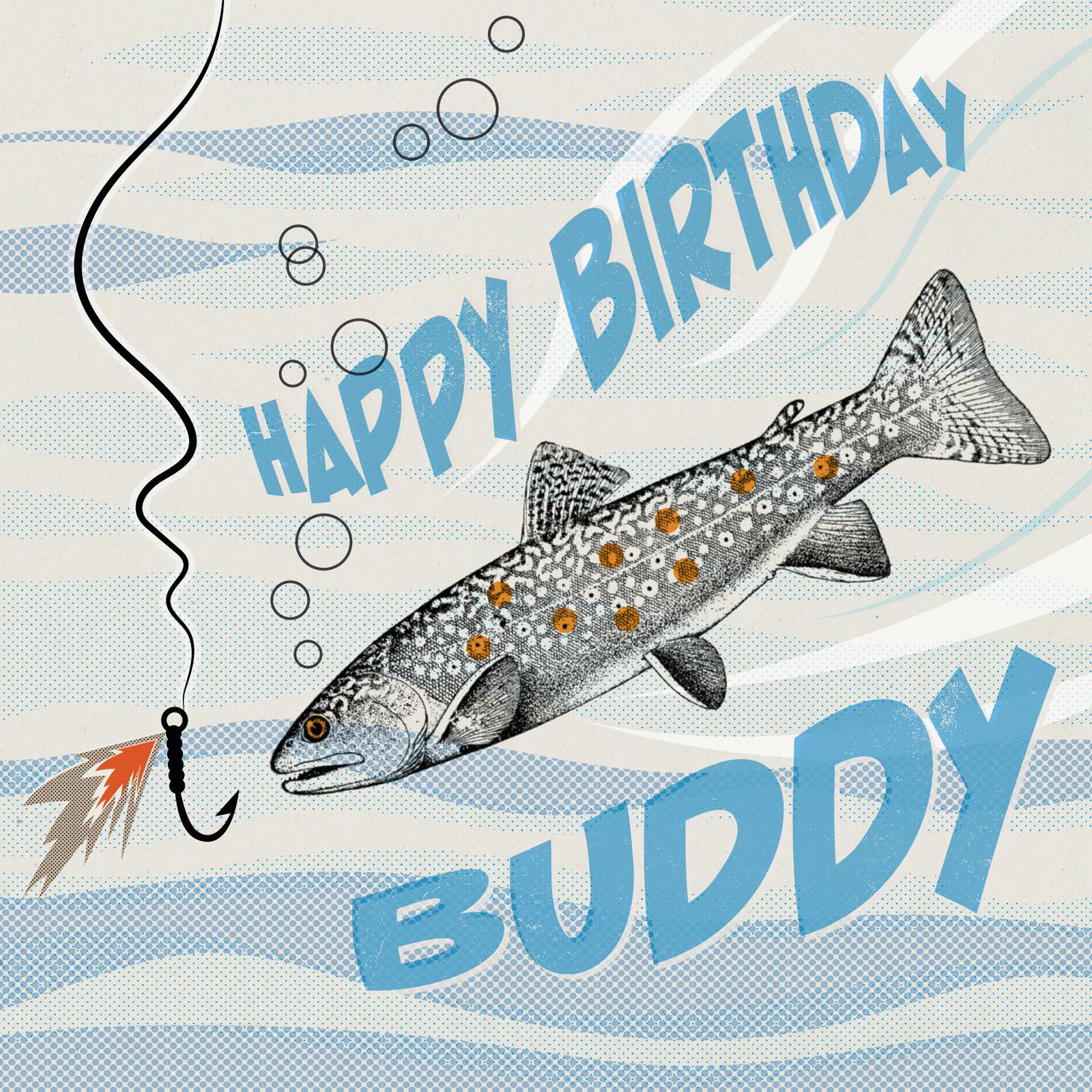vintage fish illustration with fly hook and abstract 50s-style water and bubbles background in blue tones with text happy birthday buddy