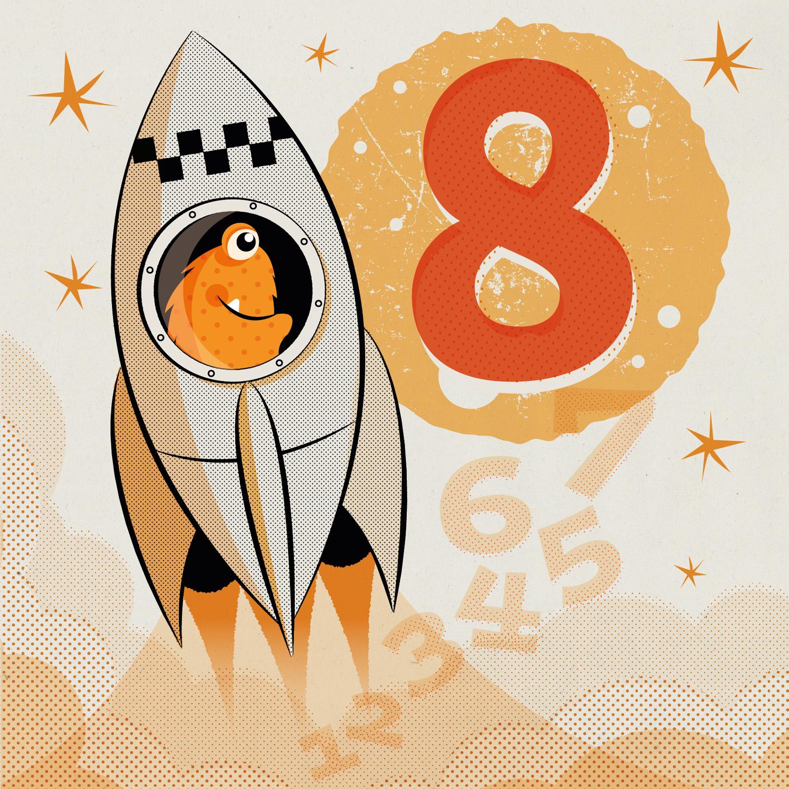 orange furry alien blasting off in a grey retro 50s style rocket behind is an orange number 8 planet with a launch countdown underneath in pale orange
