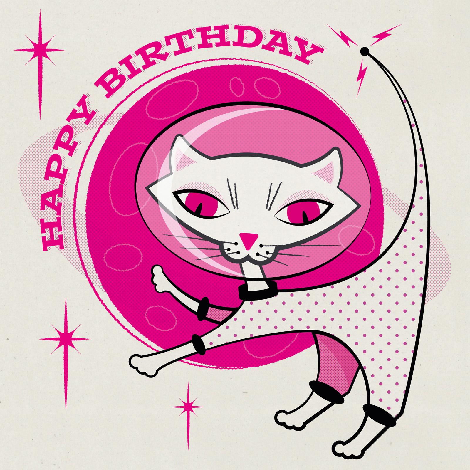 1950s cartoon style cat in a spacesuit in front of a planet in an orange and black palette with the words happy birthday in a retro 50s-style font