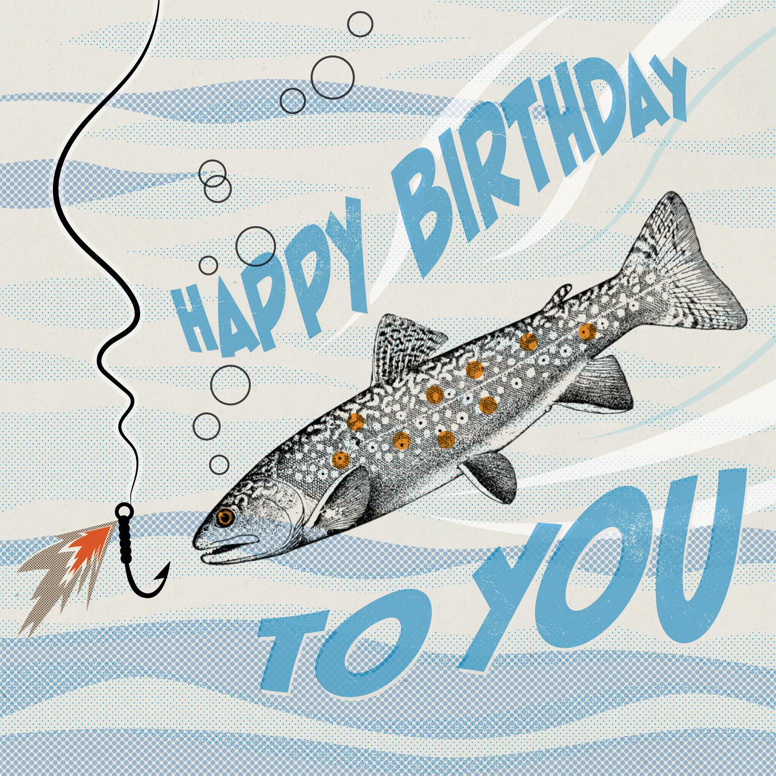 vintage fish illustration with fly hook and abstract 50s-style water and bubbles background in blue tones with text happy birthday to you