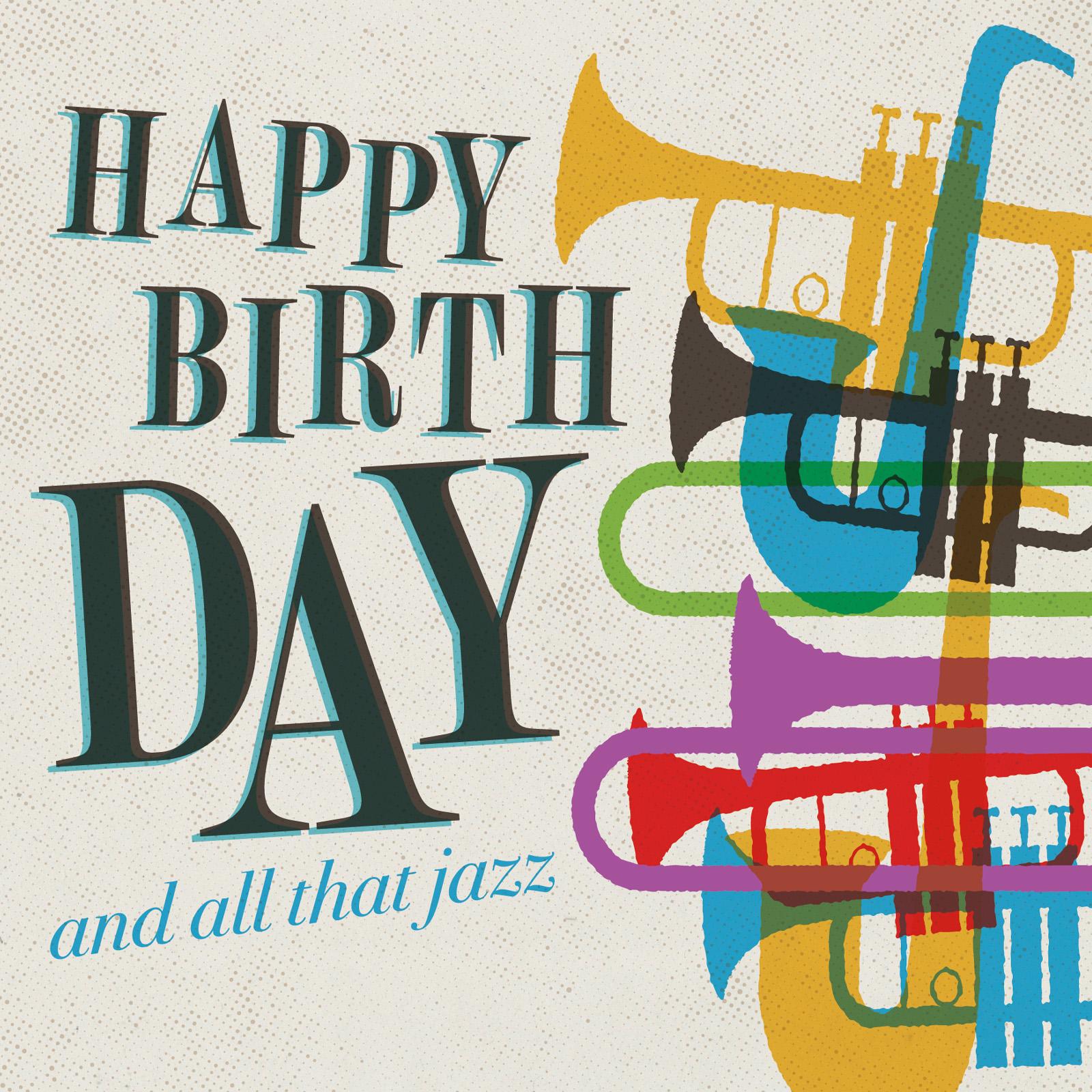 mid century modern inspired abstract graphical trumpets in solid bright colours with multicolour text happy birthday and all that jazz