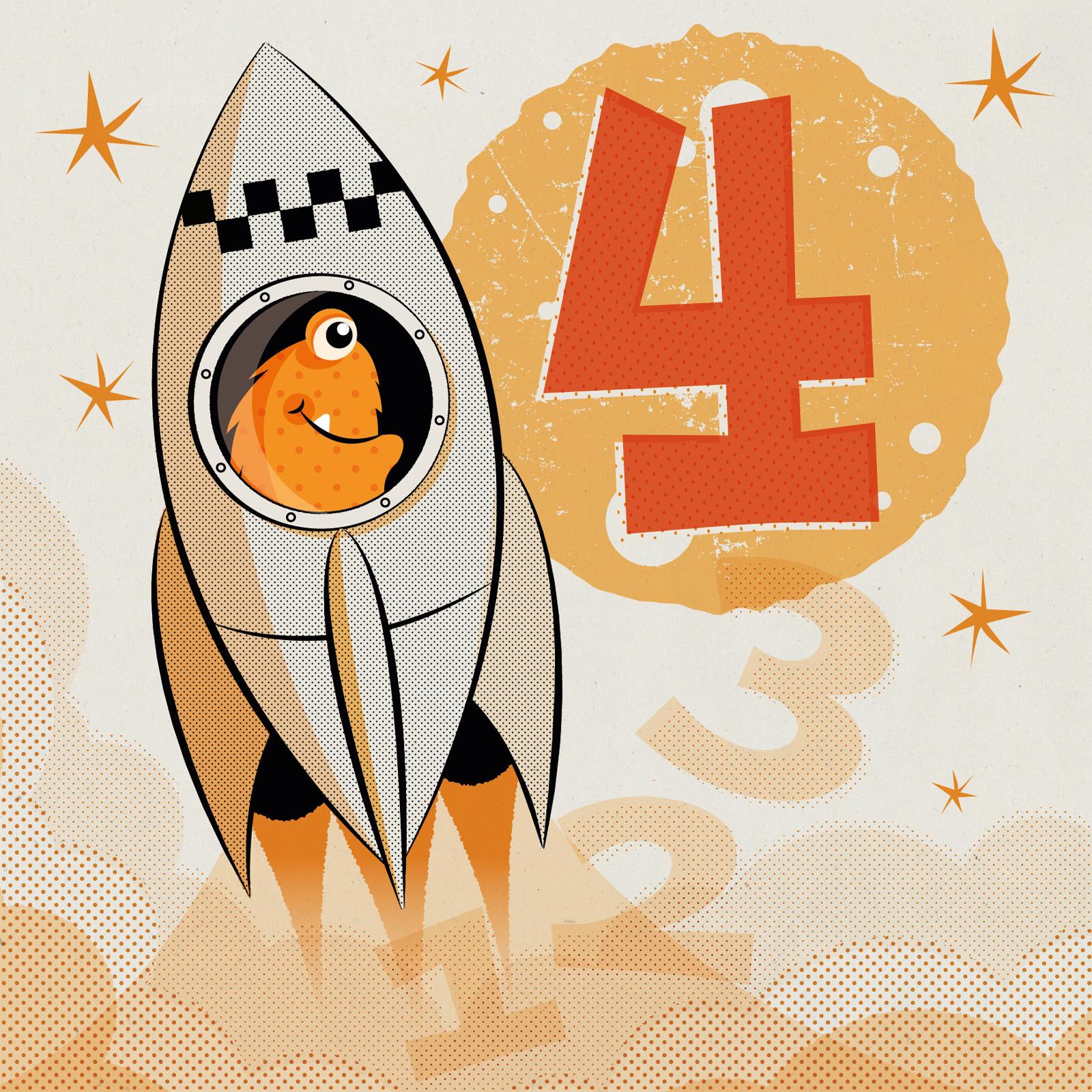 orange furry alien blasting off in a grey retro 50s style rocket behind is an orange number 4 planet with a launch countdown underneath in pale orange