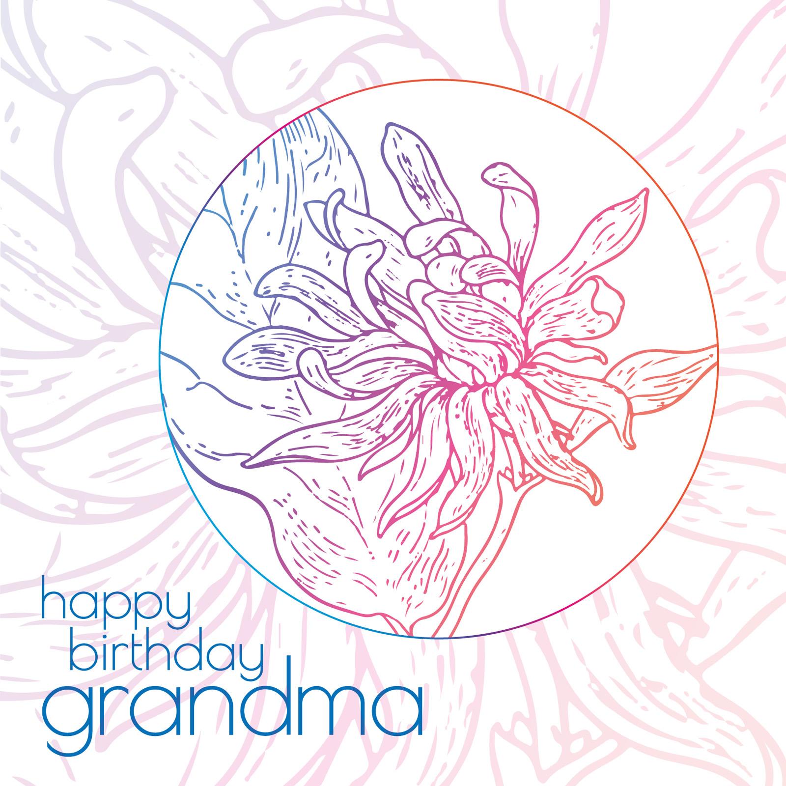 Line illustration of flowers in a pastel coloured gradient and the text happy birthday grandma