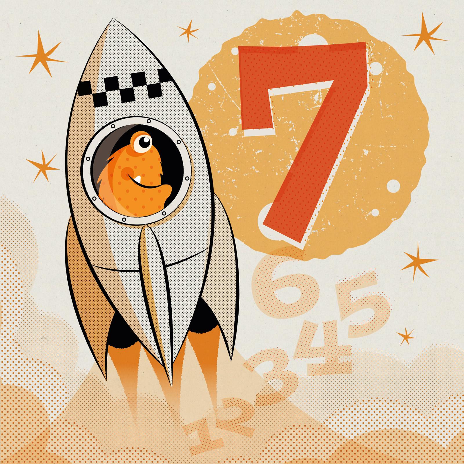 orange furry alien blasting off in a grey retro 50s style rocket behind is an orange number 7 planet with a launch countdown underneath in pale orange