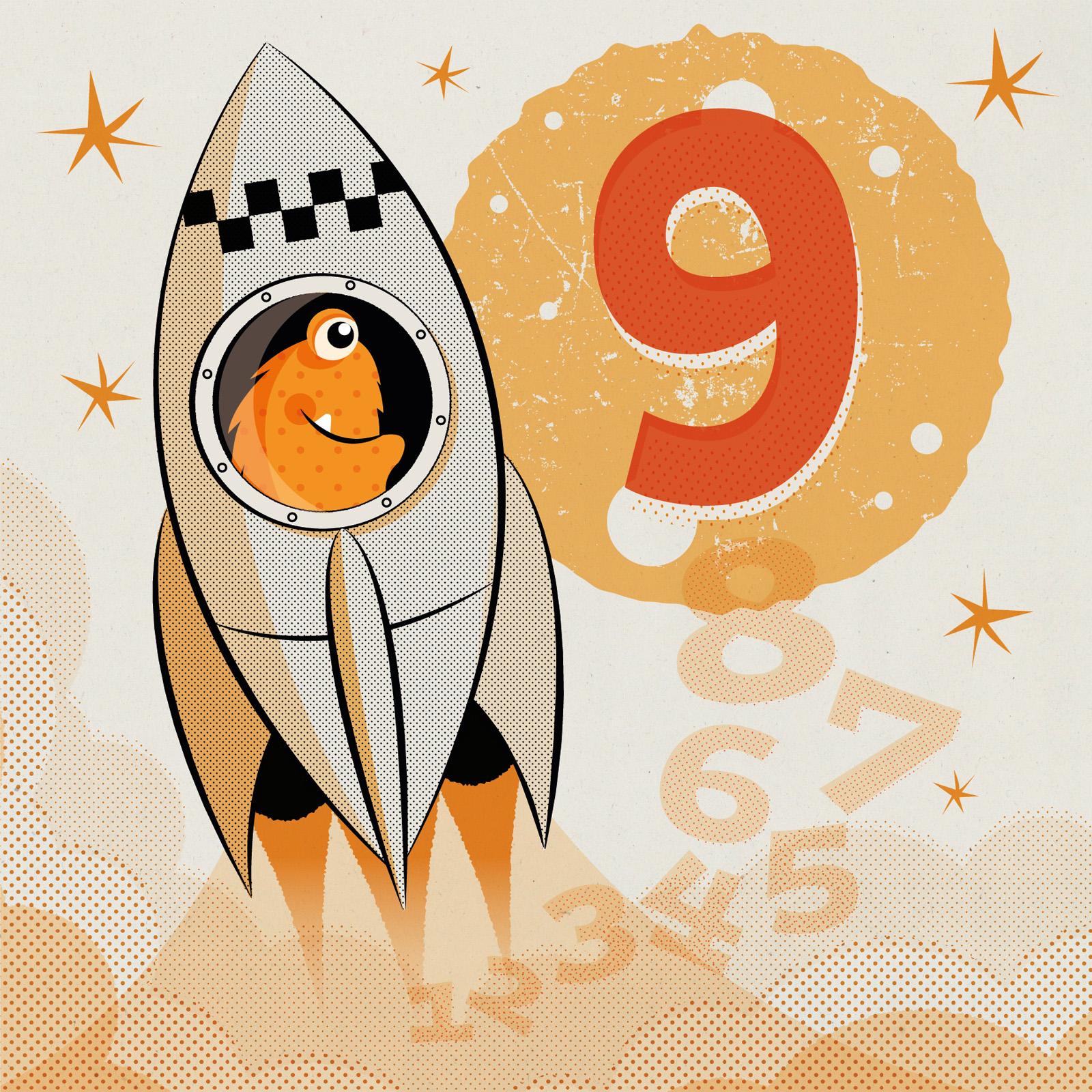 orange furry alien blasting off in a grey retro 50s style rocket behind is an orange number 9 planet with a launch countdown underneath in pale orange