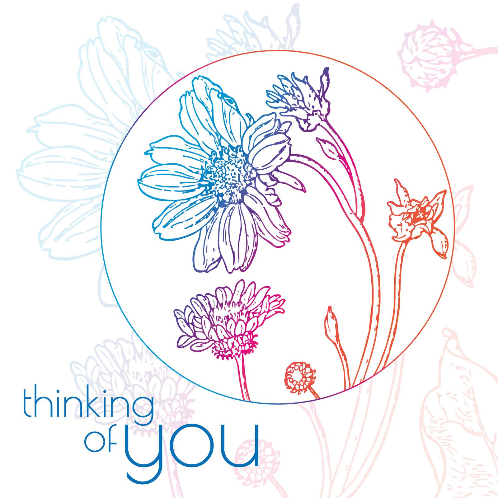 Line illustration of flowers in a pastel coloured gradient and the text thinking of you