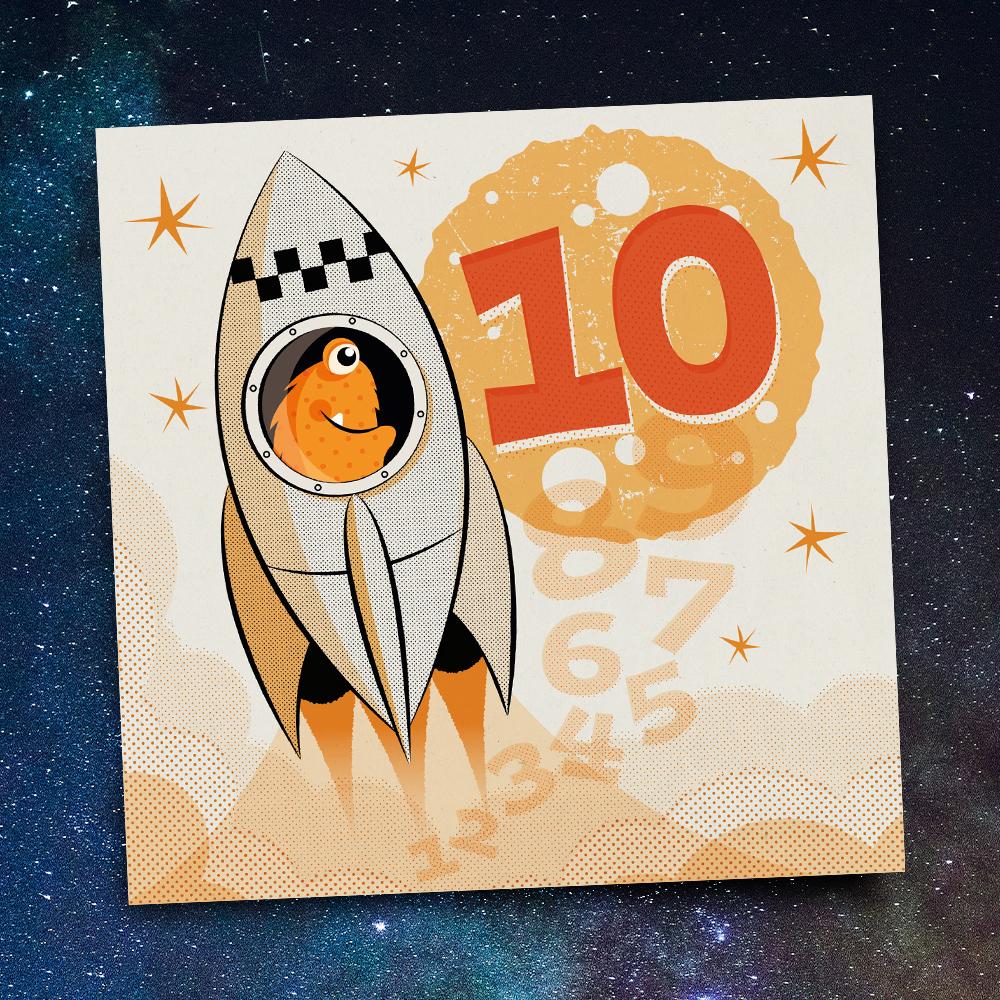 Age 10 birthday card in retro atomic-age style with space rocket and monster alien inside