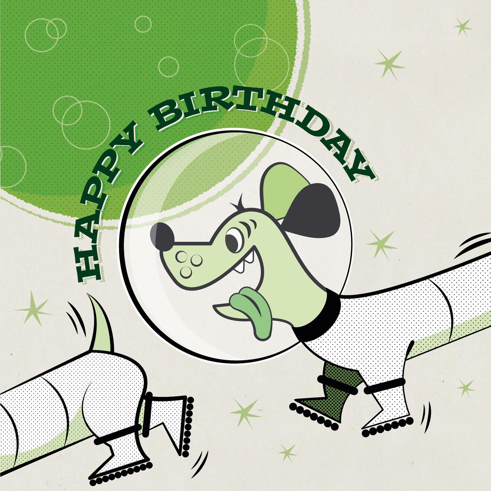 1950s cartoon style dachund type dog in a spacesuit, chasing his tail in front of a planet in an orange and black palette with the words happy birthday in a retro 50s-style font