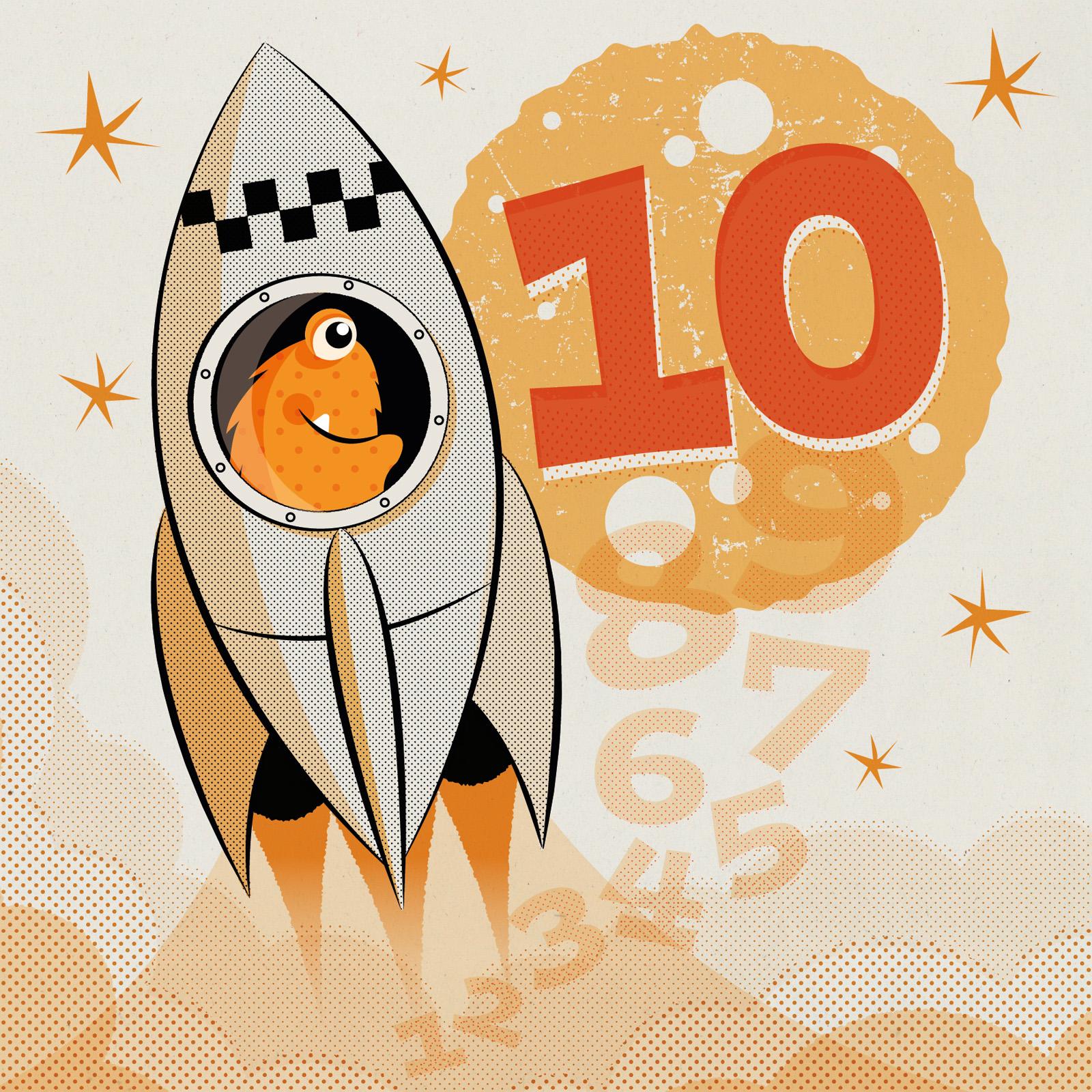 orange furry alien blasting off in a grey retro 50s style rocket behind is an orange number 10 planet with a launch countdown underneath in pale orange