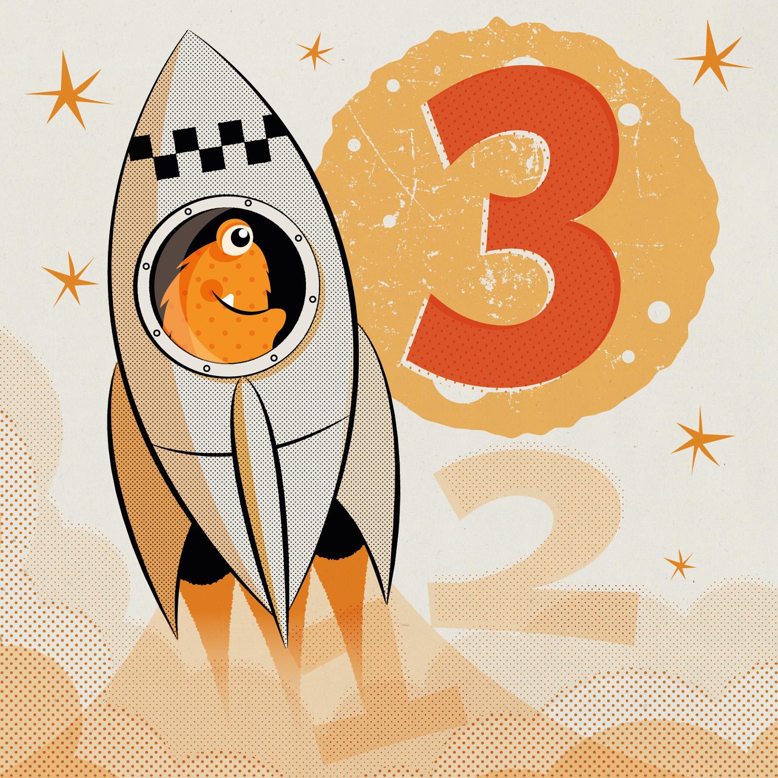 orange furry alien blasting off in a grey retro 50s style rocket behind is an orange number 3 planet with a launch countdown underneath in pale orange
