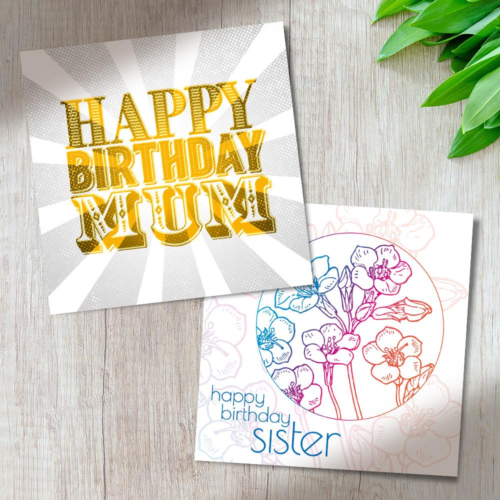 Two birthday cards for female relatives, a circus design for Mum, a floral design for sister