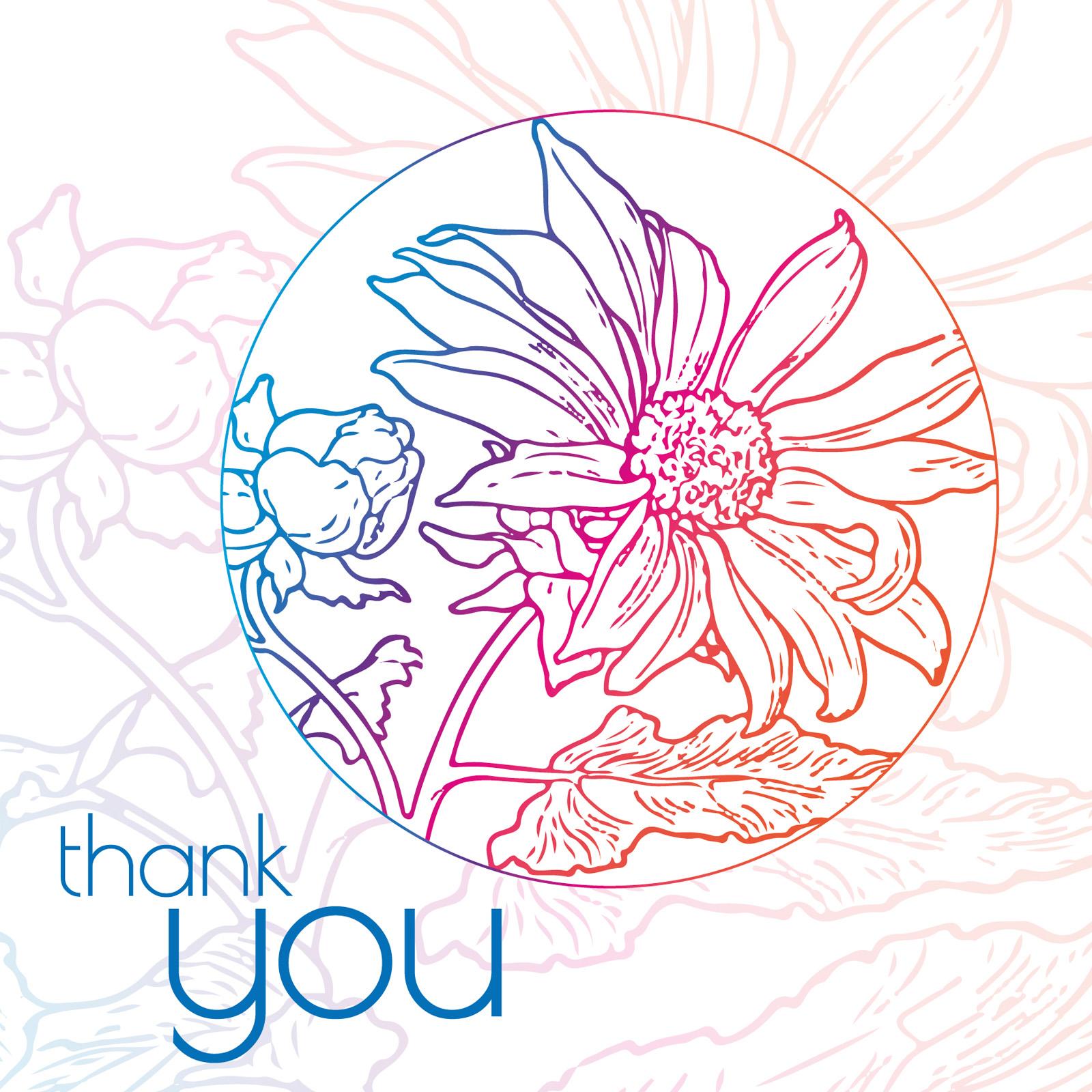 Line illustration of flowers in a pastel coloured gradient and the text thank you