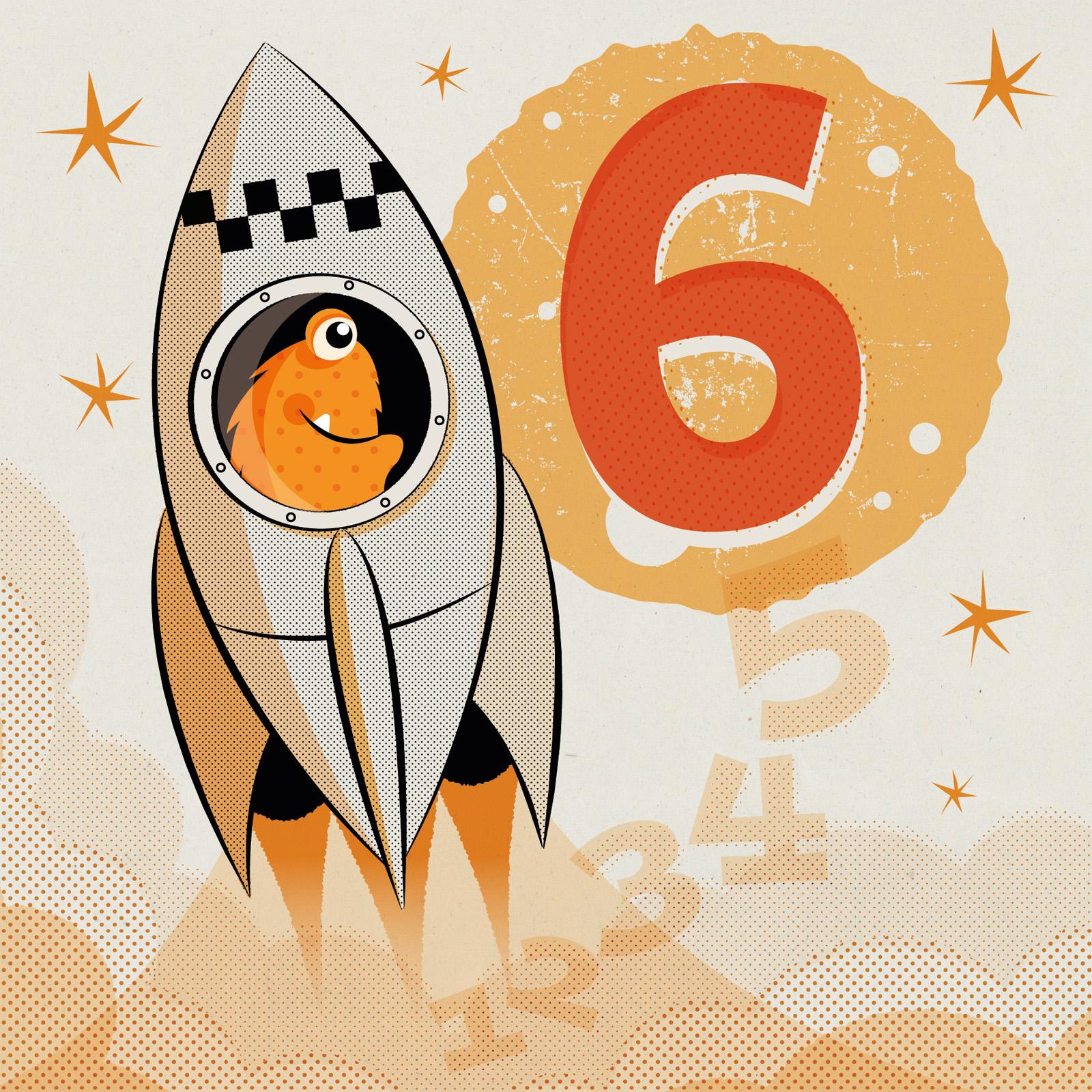 orange furry alien blasting off in a grey retro 50s style rocket behind is an orange number 6 planet with a launch countdown underneath in pale orange