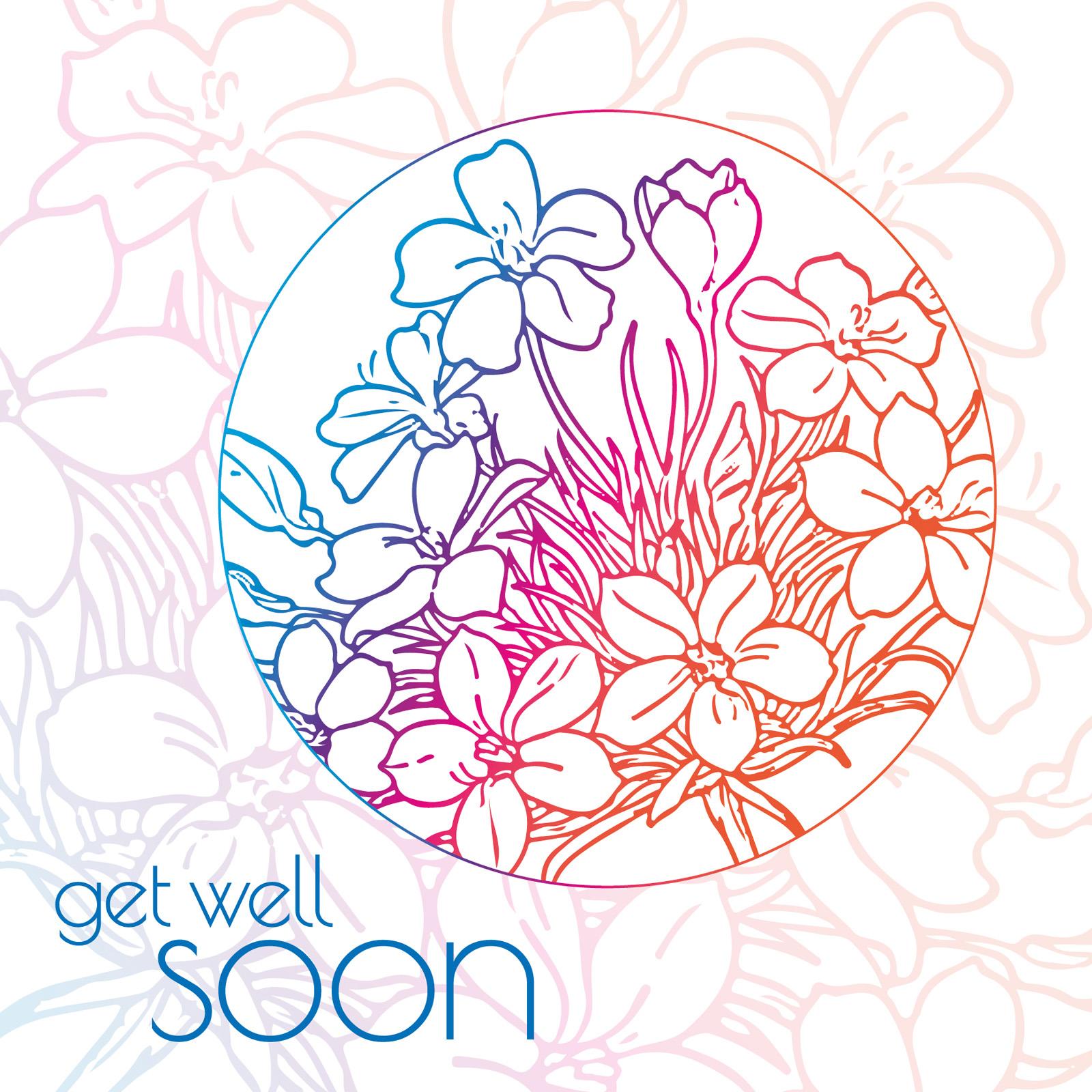 Line illustration of flowers in a pastel coloured gradient and the text get well soon