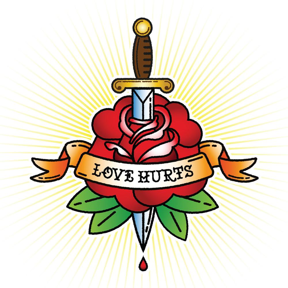 Sailors tattoo inspired love greetings card with a dagger through a rose and the words love hurts