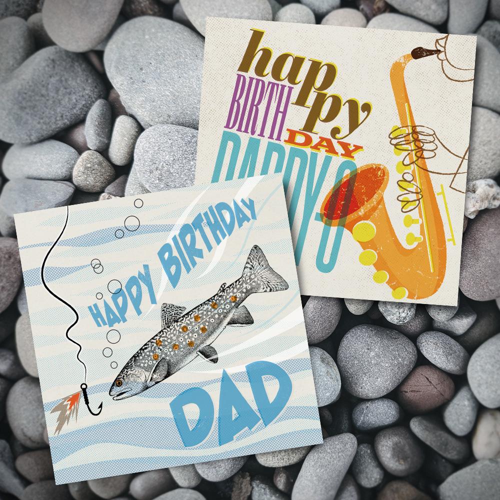 Two birthday cards for male relatives, a fishing design for Dad and a jazz saxophone design