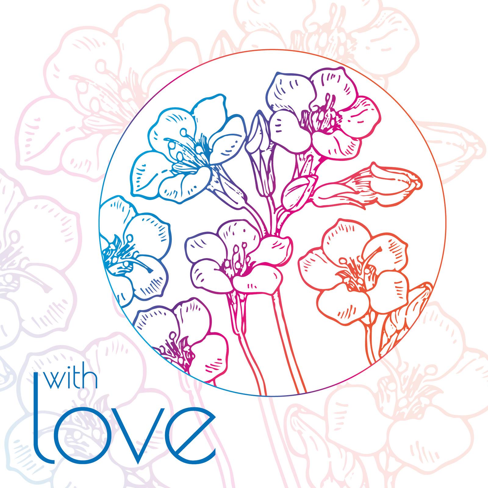 Line illustration of flowers in a pastel coloured gradient and the text with love