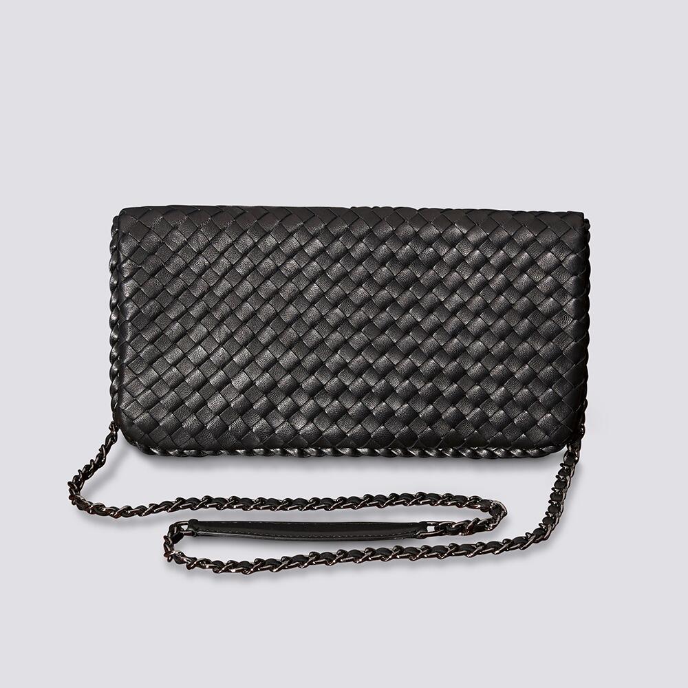 Exquisite black woven leather clutch bag, perfect for a night out or special occasion.