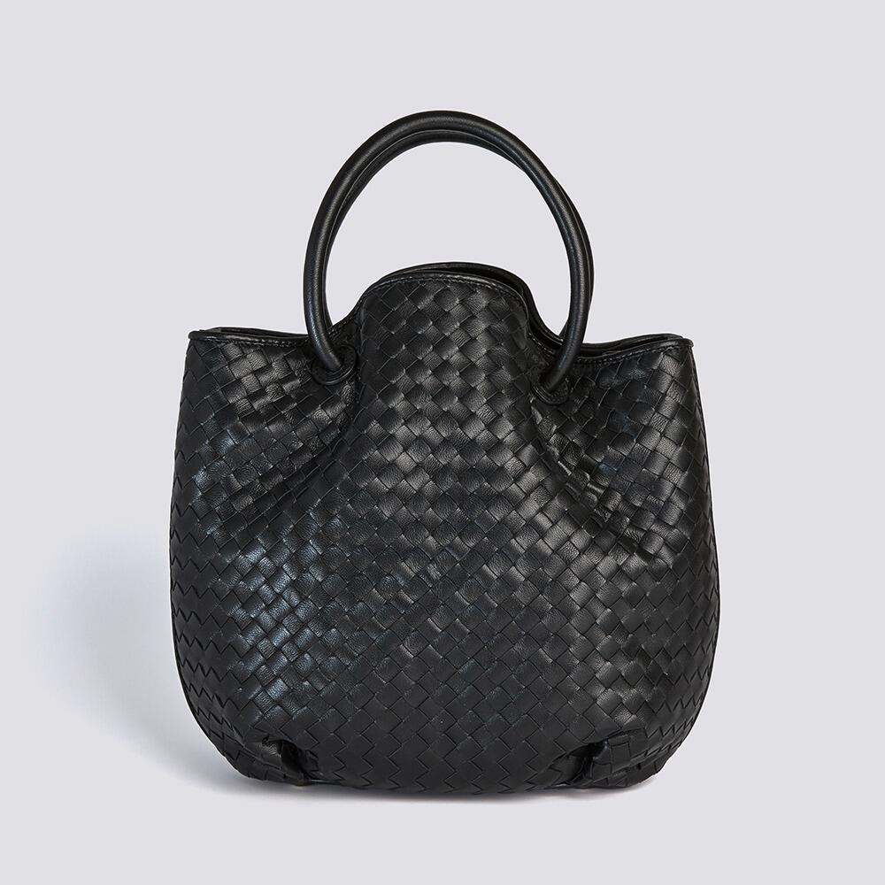 Luxurious woven leather medium tote bag in classic black leather.