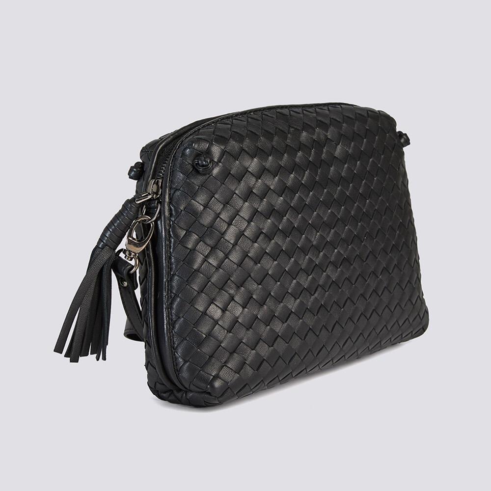 Elegant black leather small intrecciato tote bag with strap, a symbol of sophistication.