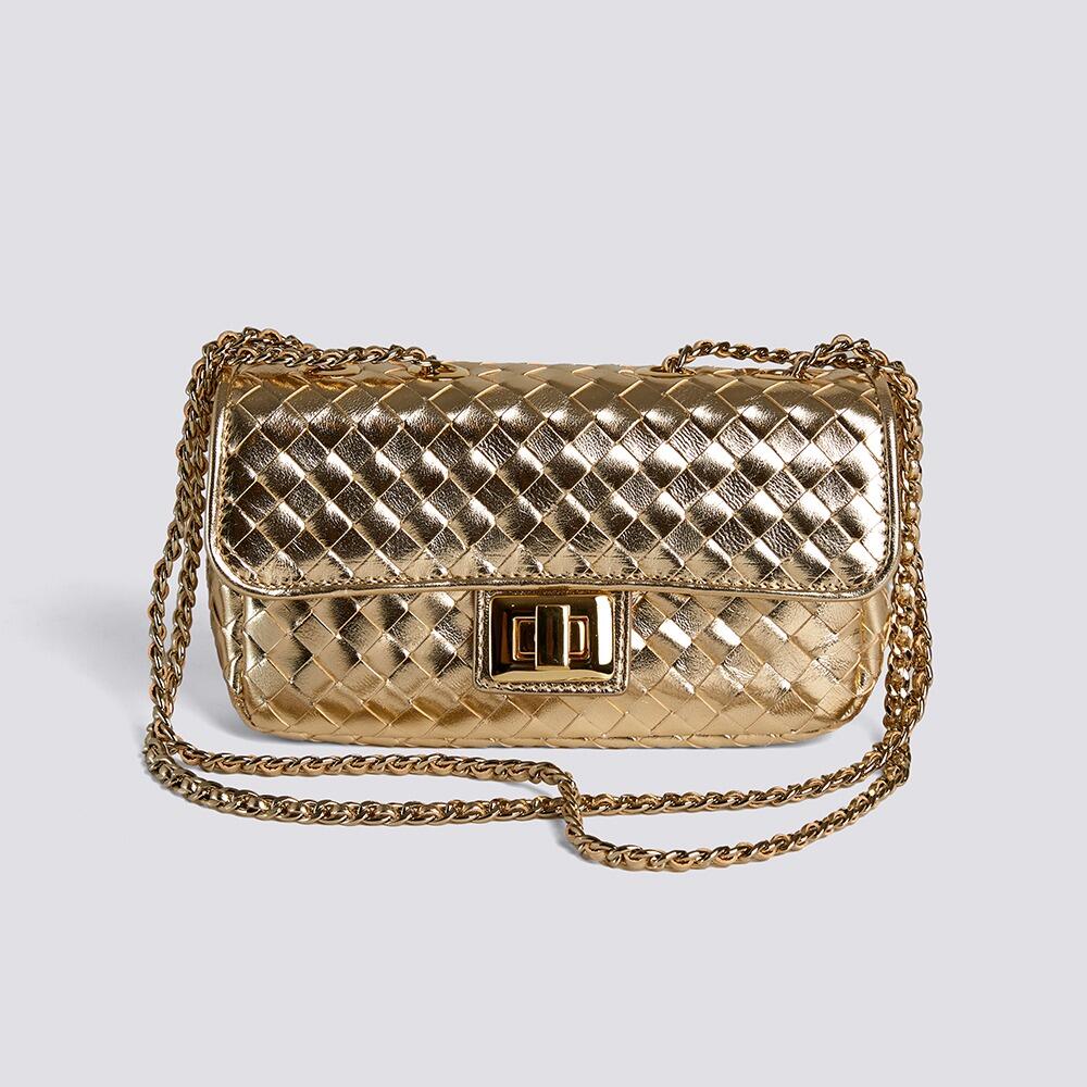 A stylish small gold chain bag featuring a woven pattern in gold.