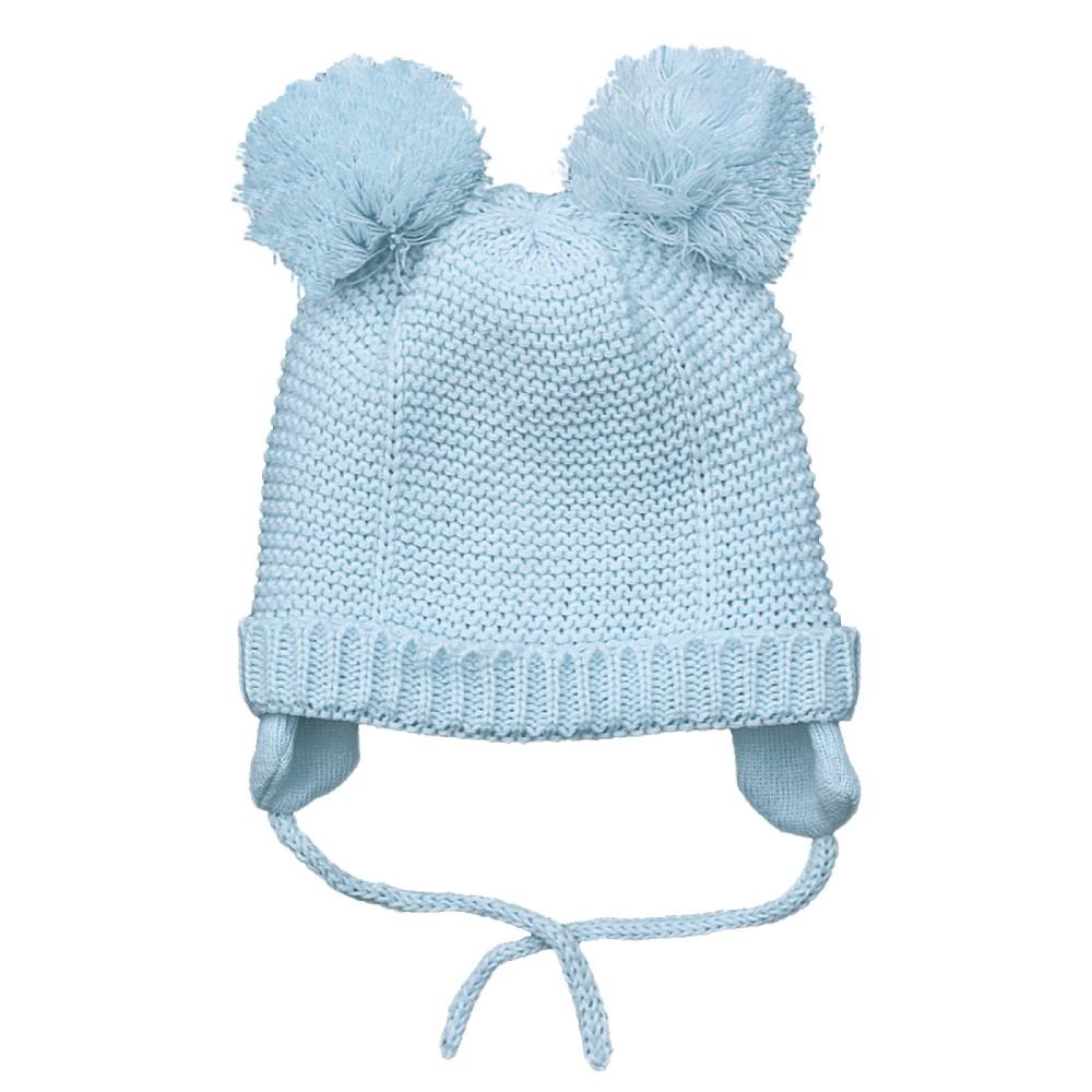Pesci Baby Sky Blue Knitted Twin Pom Hat with Chin Ties