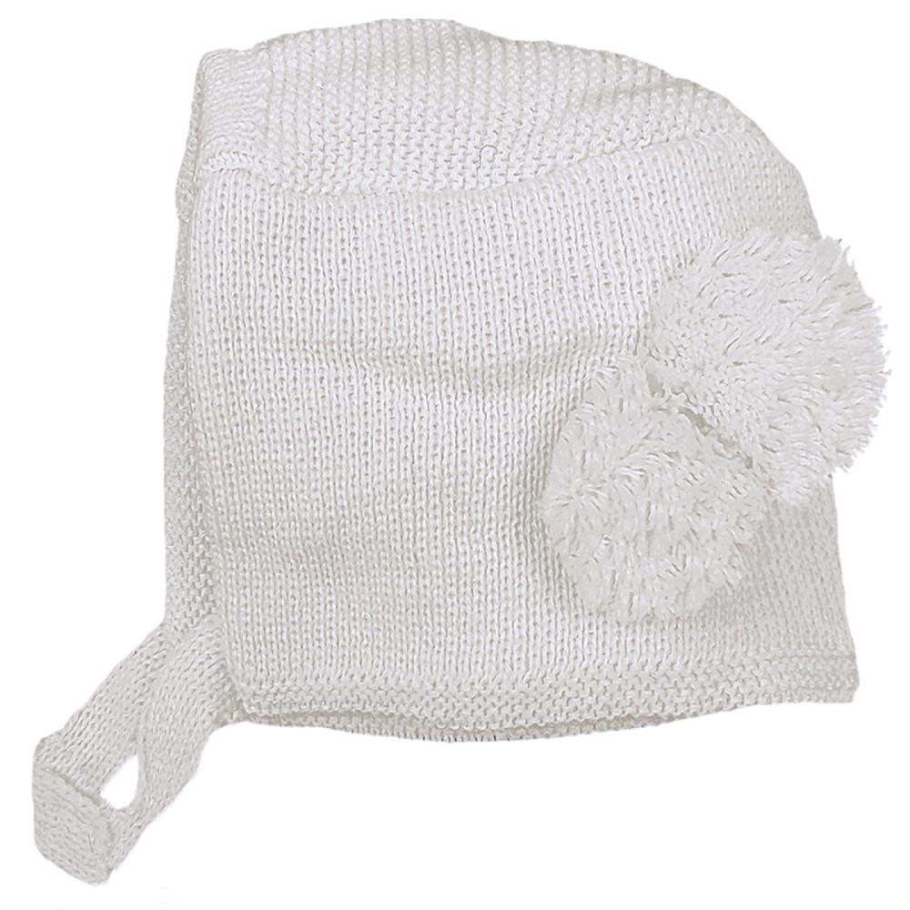 Pesci Baby White Knitted Bonnet with Side Pom Poms