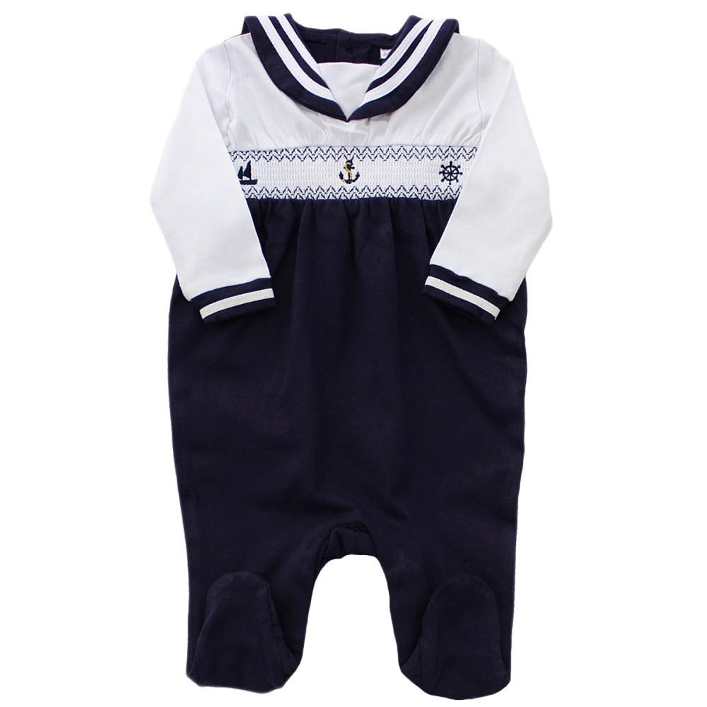 Rock-a-Bye Baby Navy & White Cotton Smocked Sailor Sleepsuit