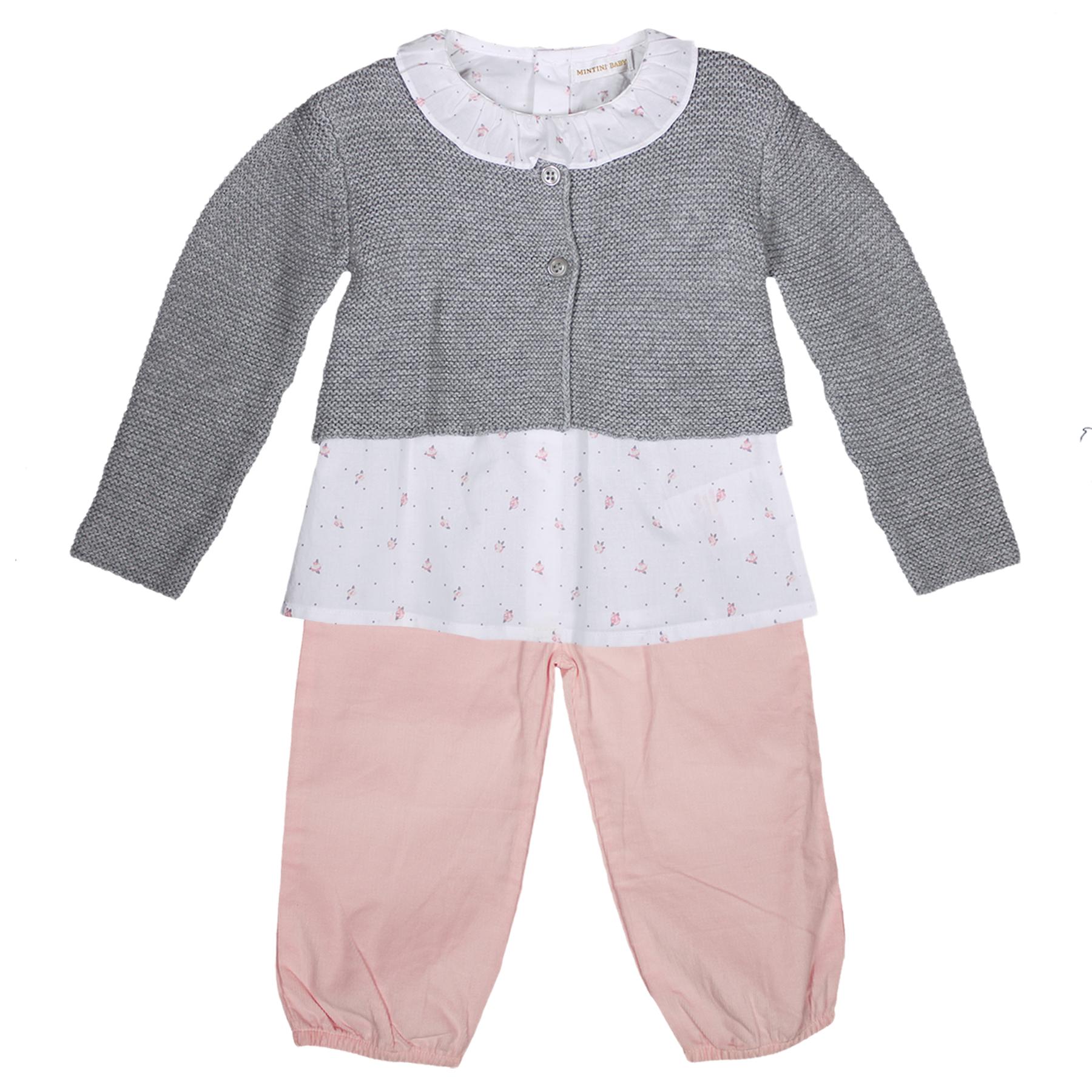 Mintini Baby Pink and Grey Blouse, Cardigan and Trouser Set