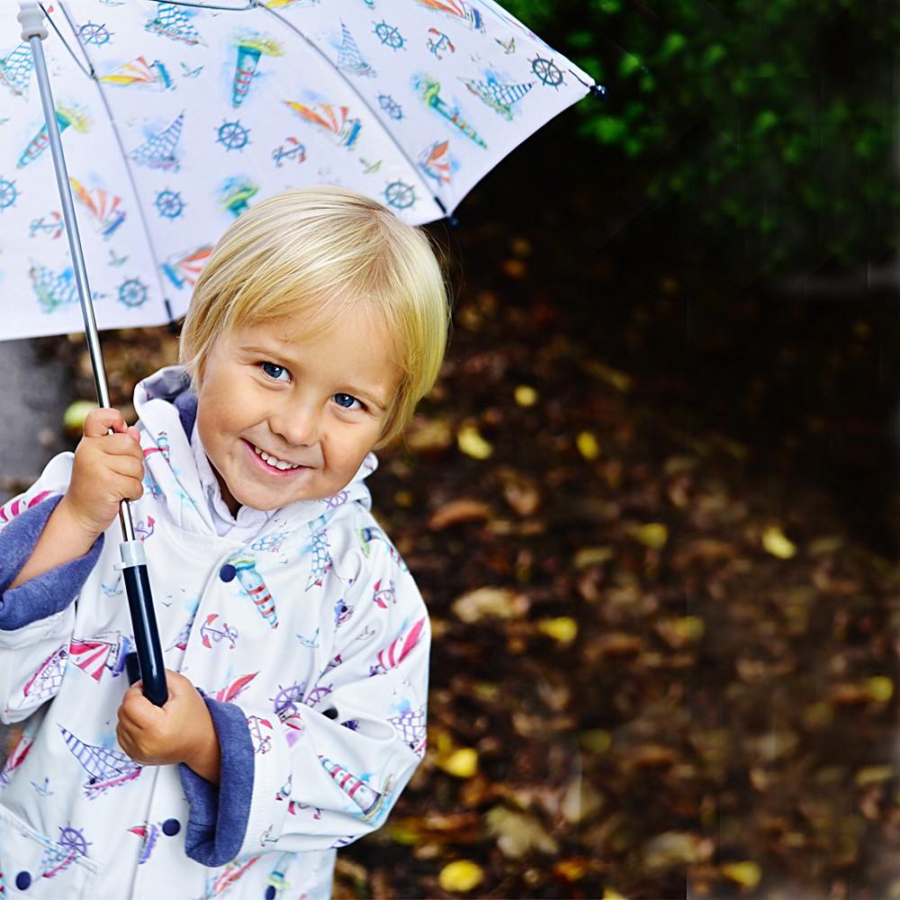 Boy Wearing Powell Craft Nautical Rain Mac Front