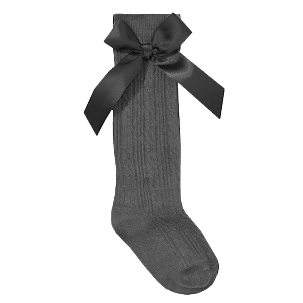 Tick Tock Cable Knee High Socks with Side Bow Grey