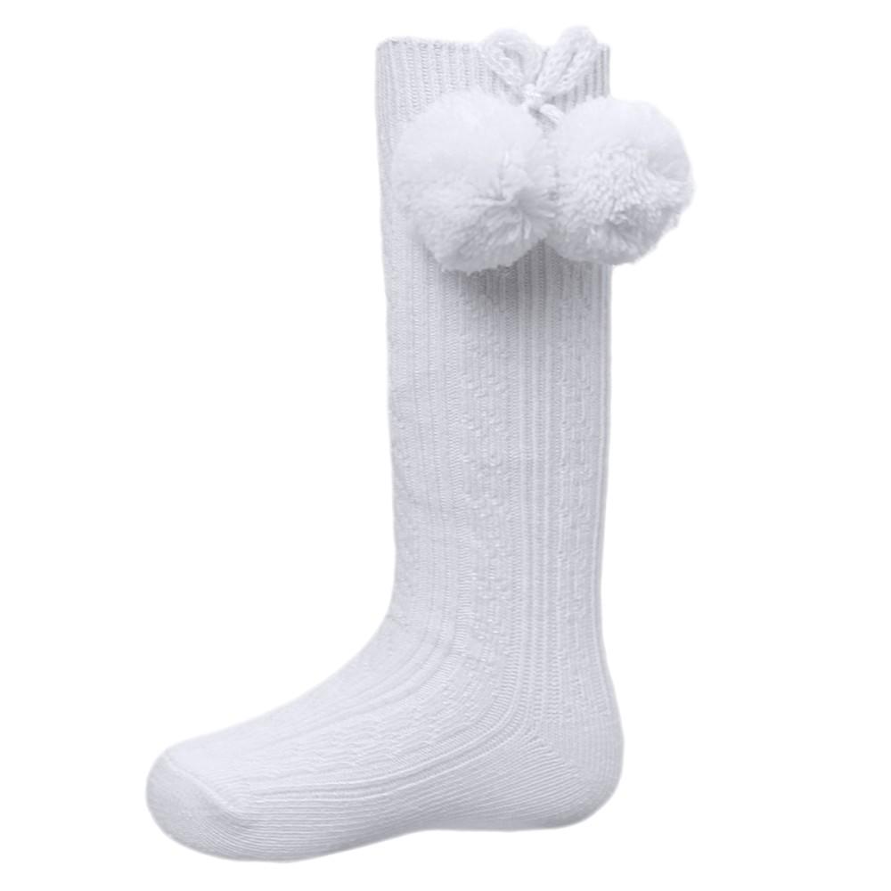 Soft Touch Knee High Ribbed Pom Pom Socks in White