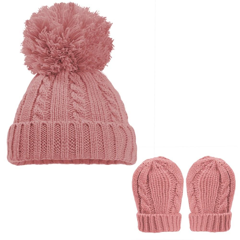 Soft Touch Cable Knit Pom Hat & Mittens in Dusky Pink