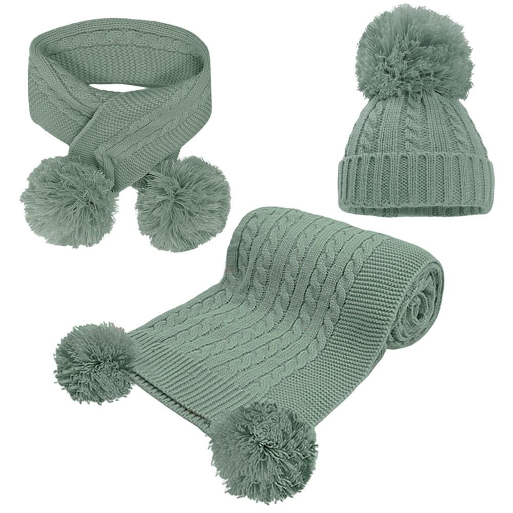 Soft Touch Pom Hat, Scarf & Blanket Wrap Set in Sage Green