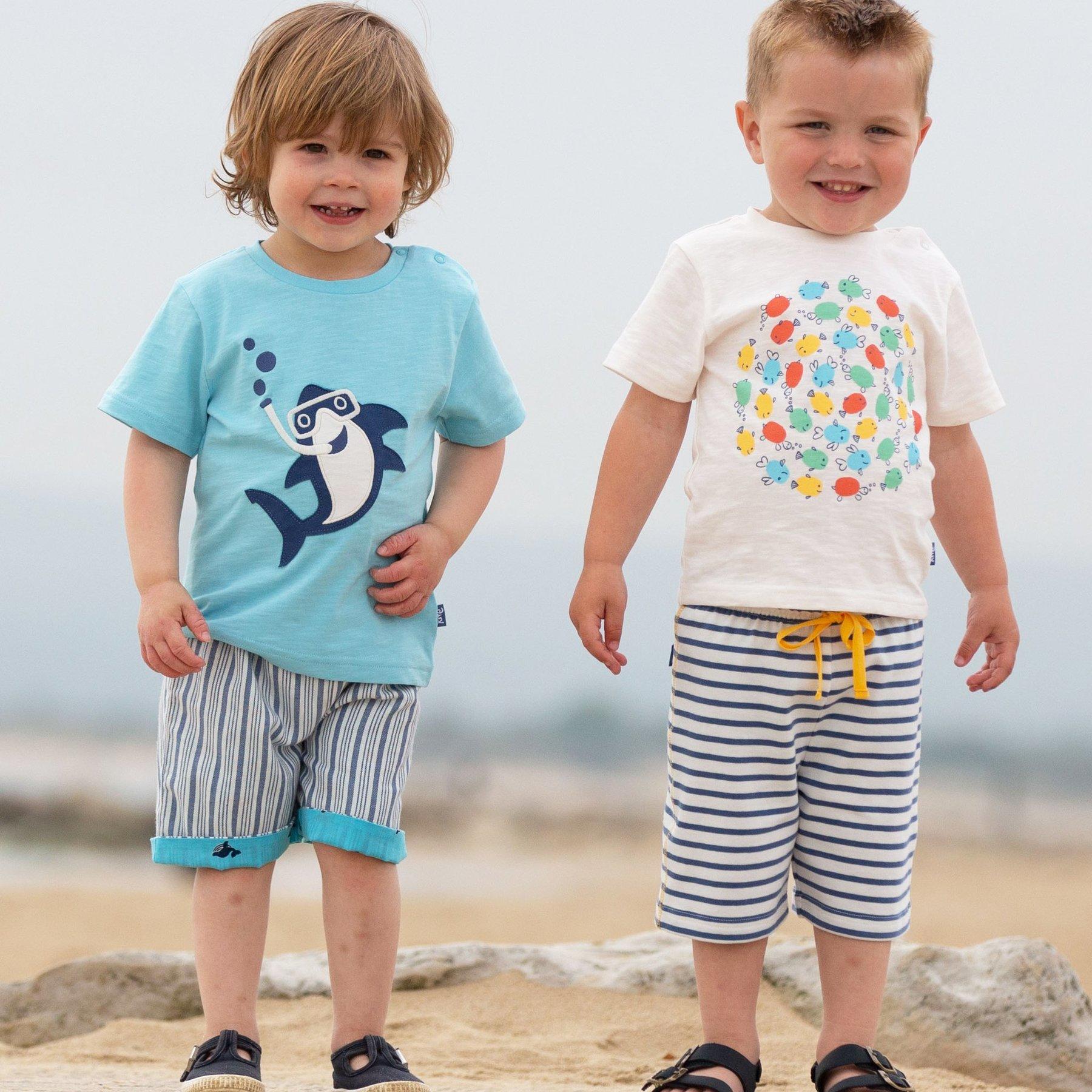 Boy wearing Kite Clothing Snorkel Shark T-Shirt with friend