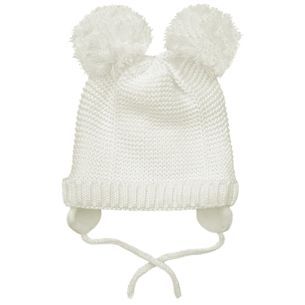 Pesci Baby Ivory Knitted Twin Pom Hat with Chin Ties