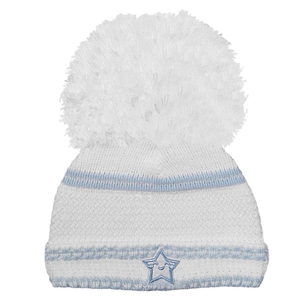 Nursery Time White & Blue Knitted Pom Pom Hat with Star Motiff