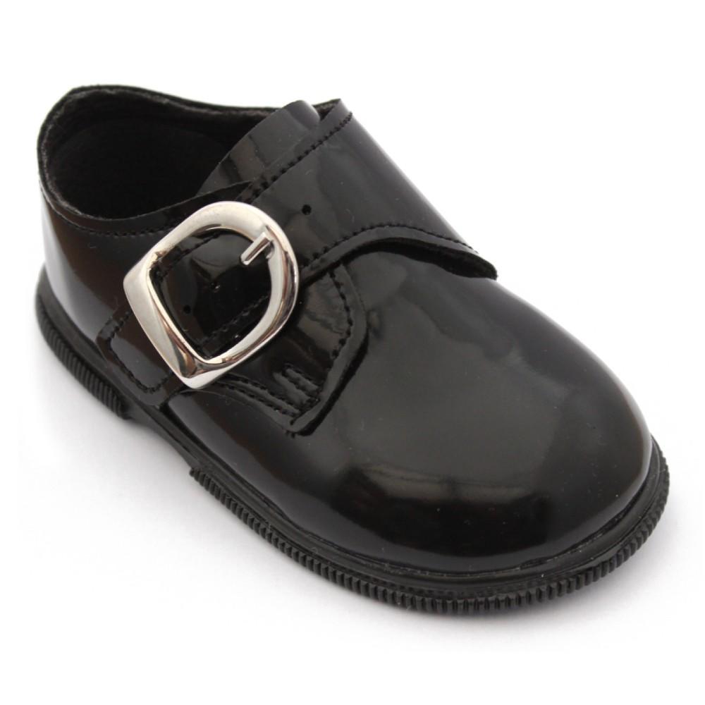 Early Days Black Patent First Walker Buckle Shoes