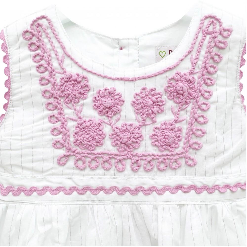 Domino Girl Embroidered Border White Cotton Dress Neckline