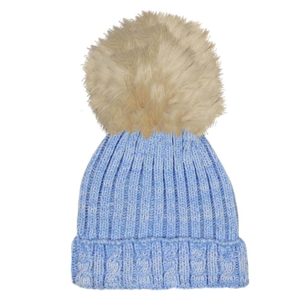 Soft Touch Blue Cable Knitted Hat with Beige Faux Fur Pom