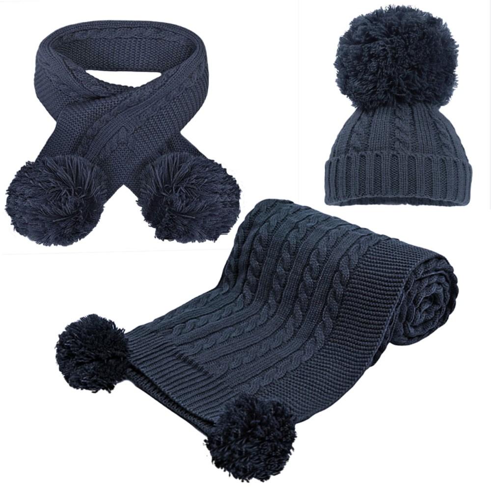 Soft Touch Pom Hat, Scarf & Blanket Wrap Set in Steel Blue