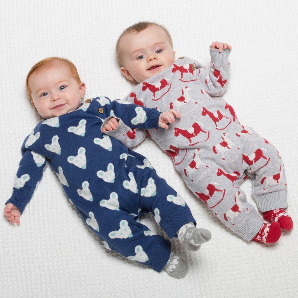 Baby wearing Kite Clothing Rocking Horse Romper with friend